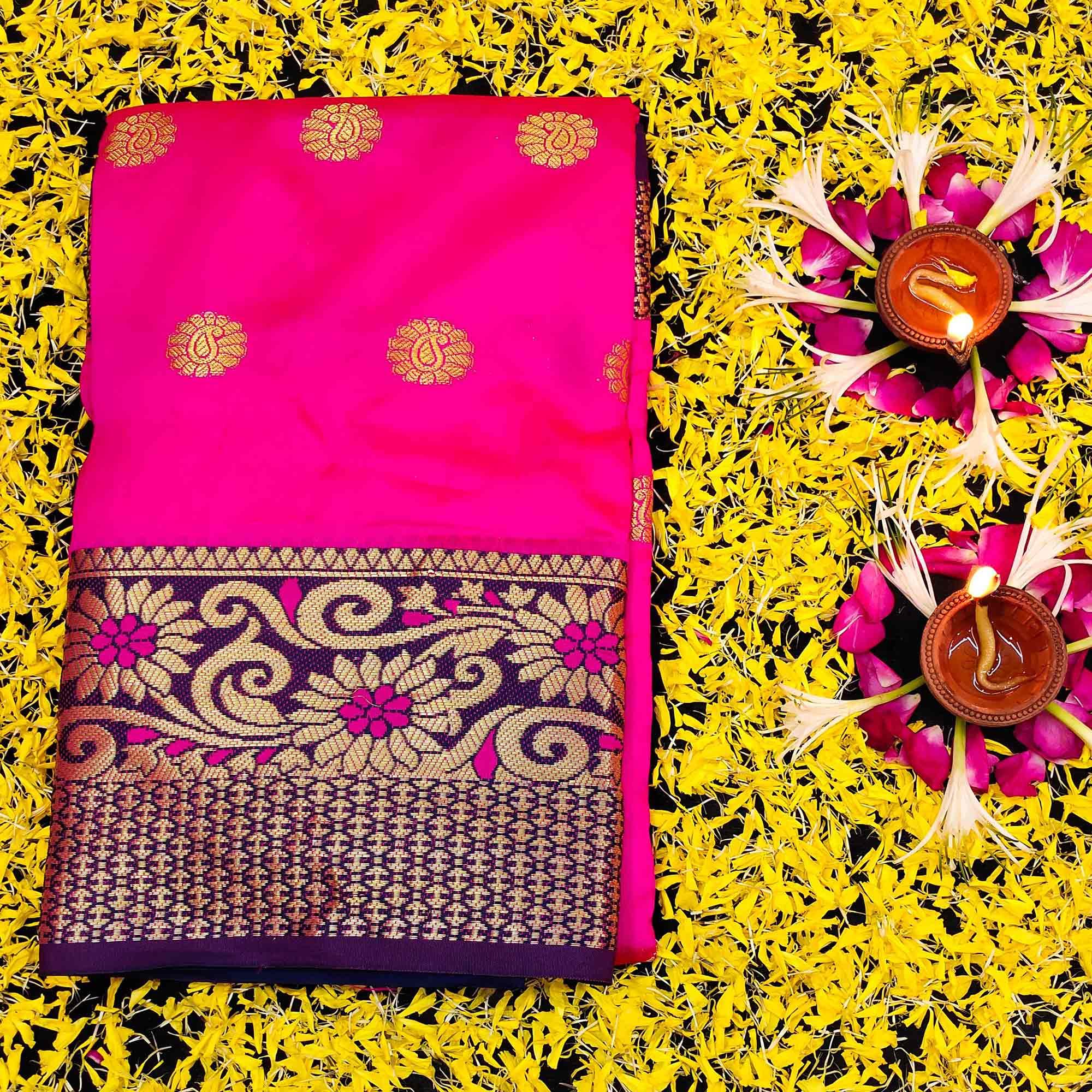 Surpassing Dark Pink Colored Festive Wear Woven Kanjivaram Silk Saree - Peachmode