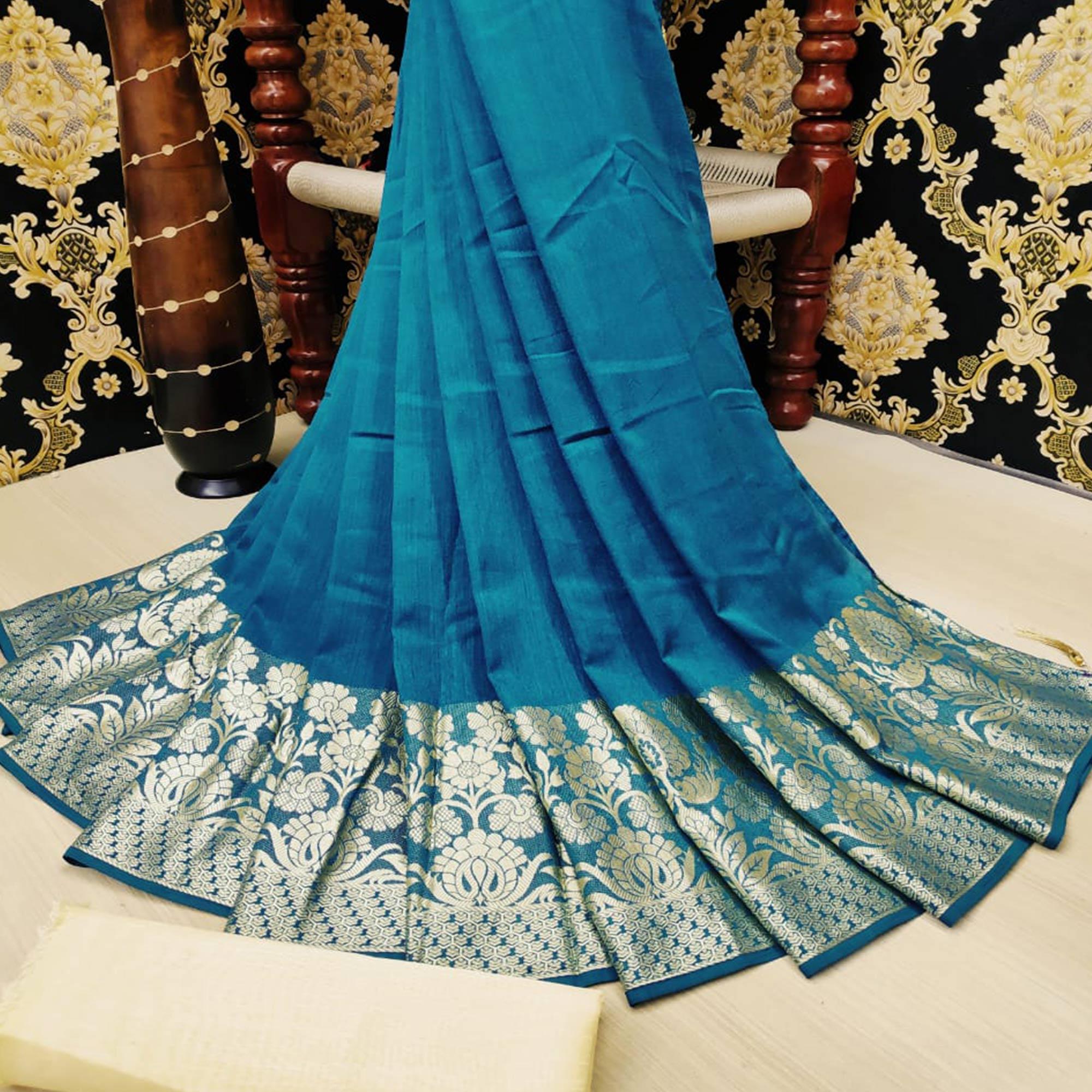 Surpassing Ferozi Colored Festive Wear Woven Vichitra Silk Saree - Peachmode