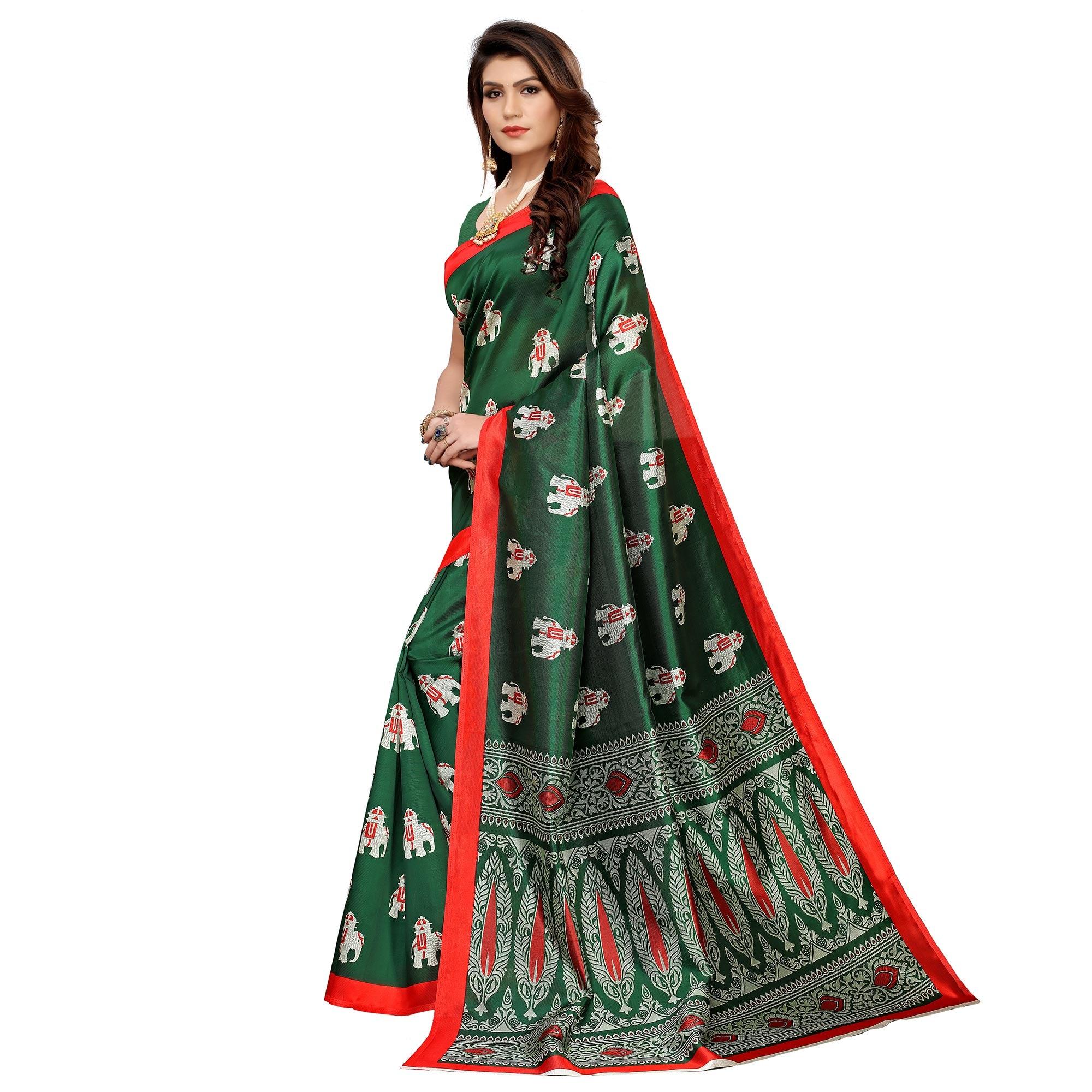 Surpassing Green Colored Casual Printed Mysore Silk Saree - Peachmode