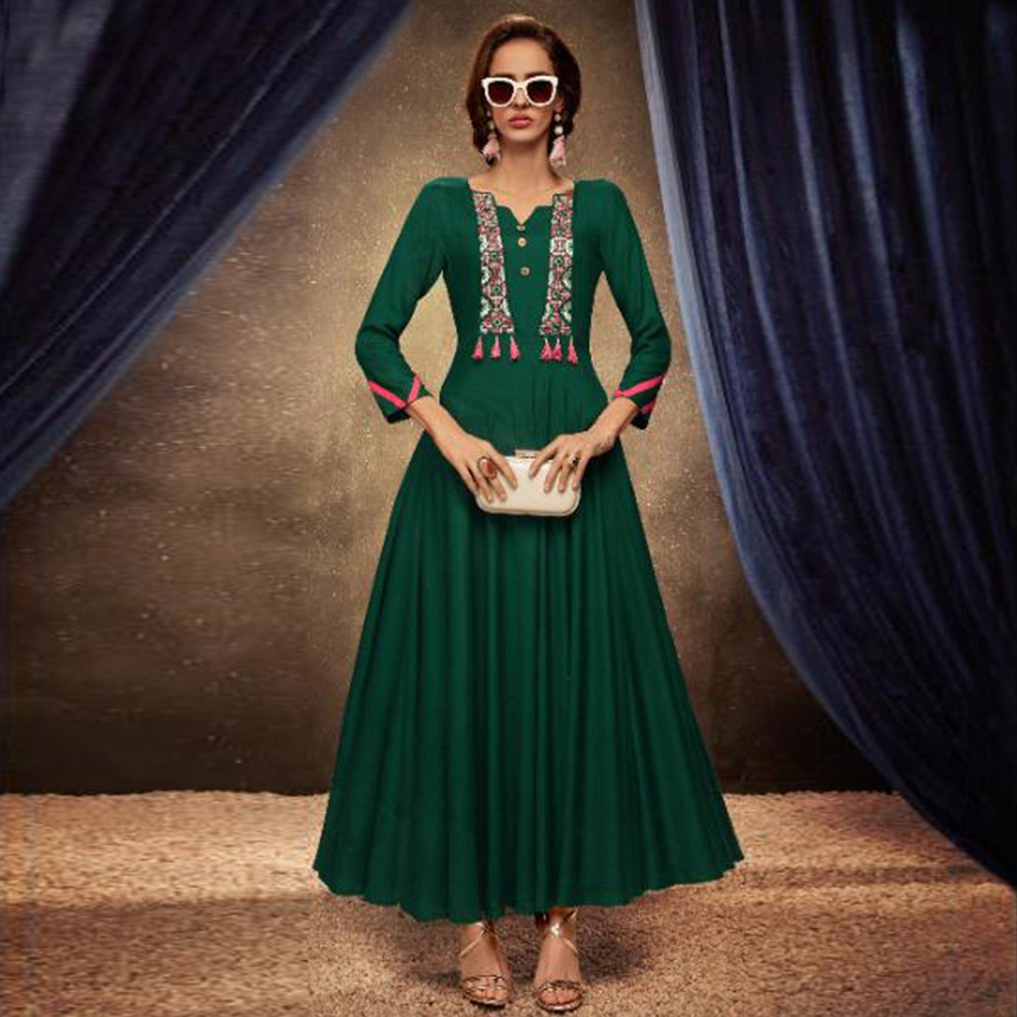 Surpassing Green Colored Partywear Embroidered Heavy Rayon Long Kurti - Peachmode