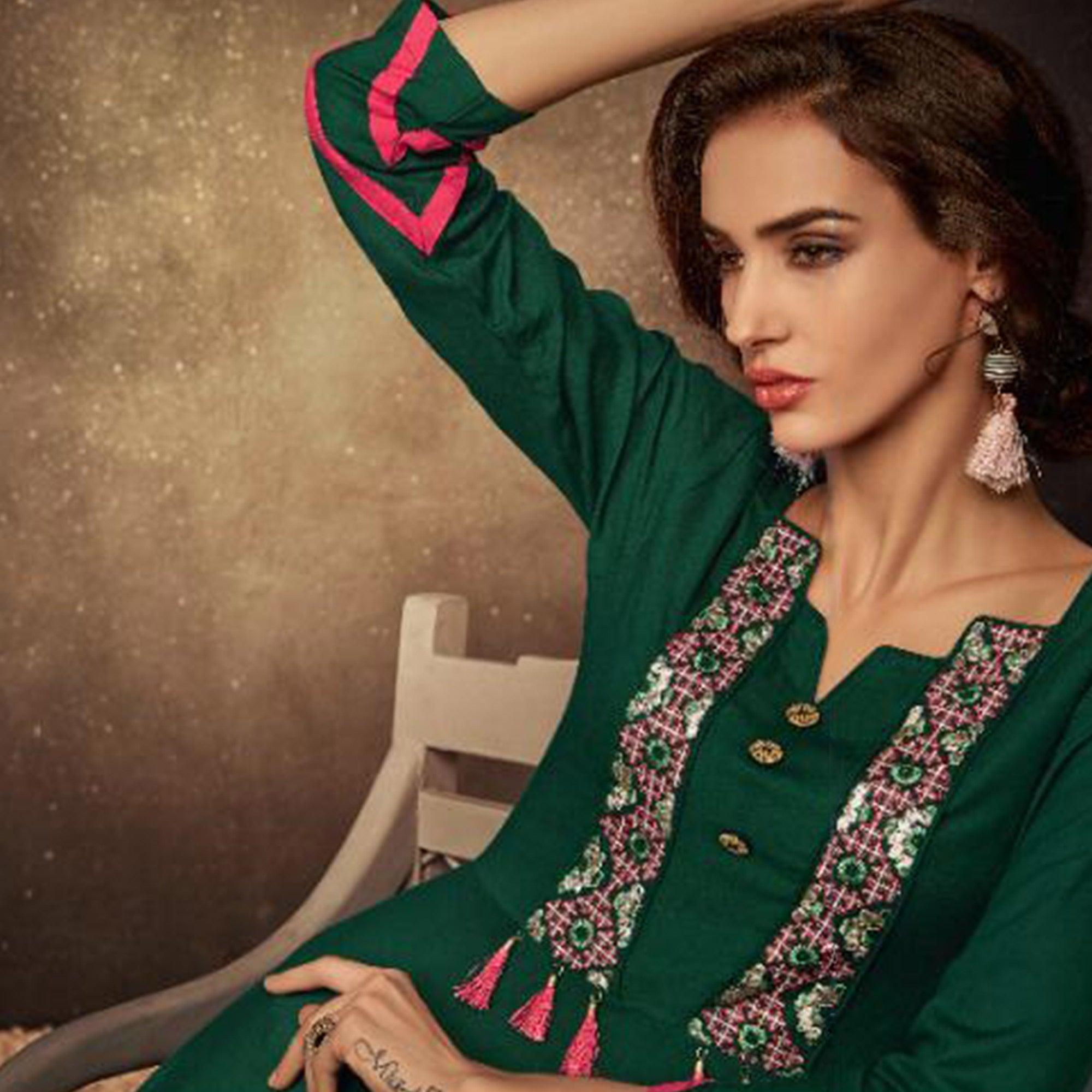 Surpassing Green Colored Partywear Embroidered Heavy Rayon Long Kurti - Peachmode