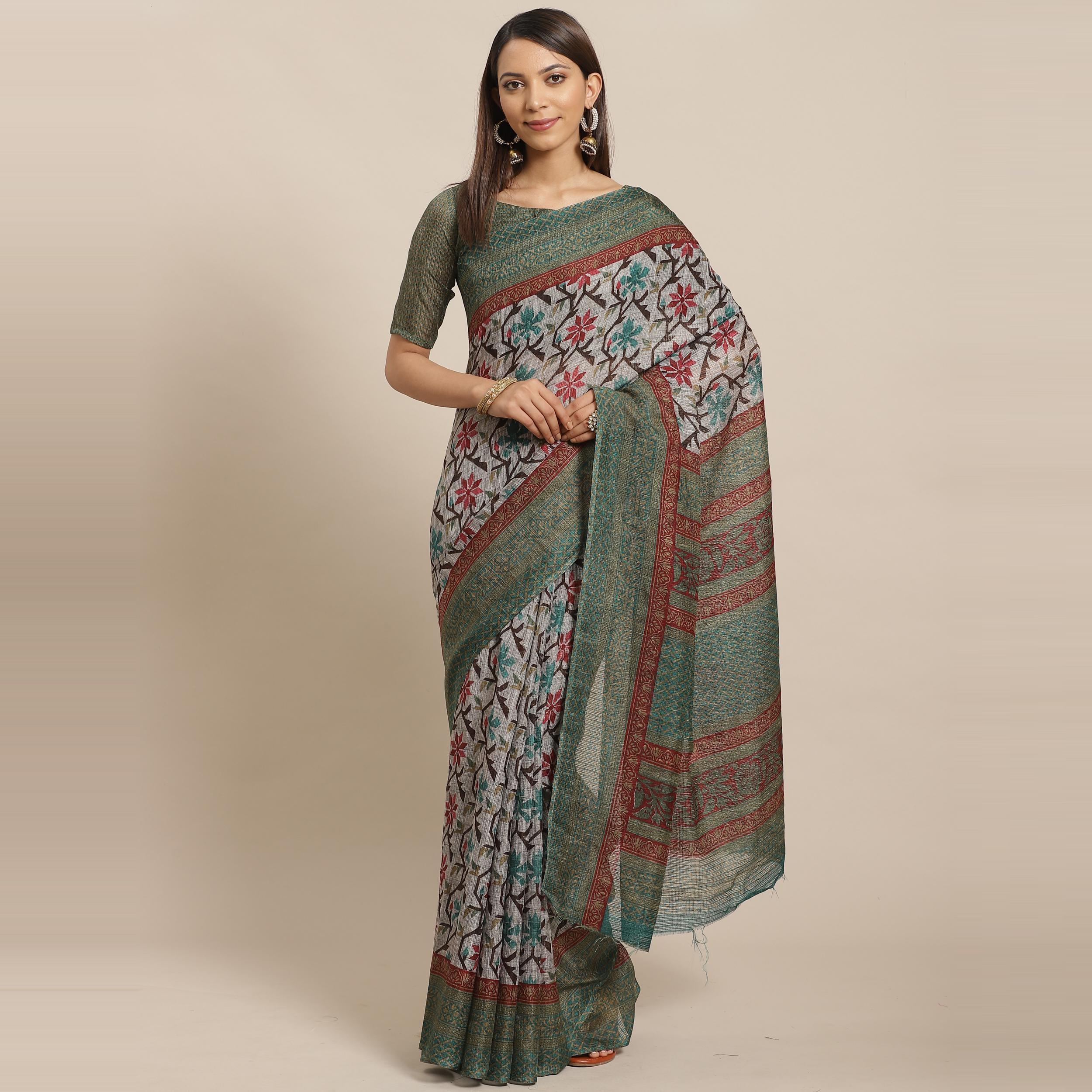 Surpassing Grey - Green Colored Casual Wear Printed Silk blend Saree - Peachmode