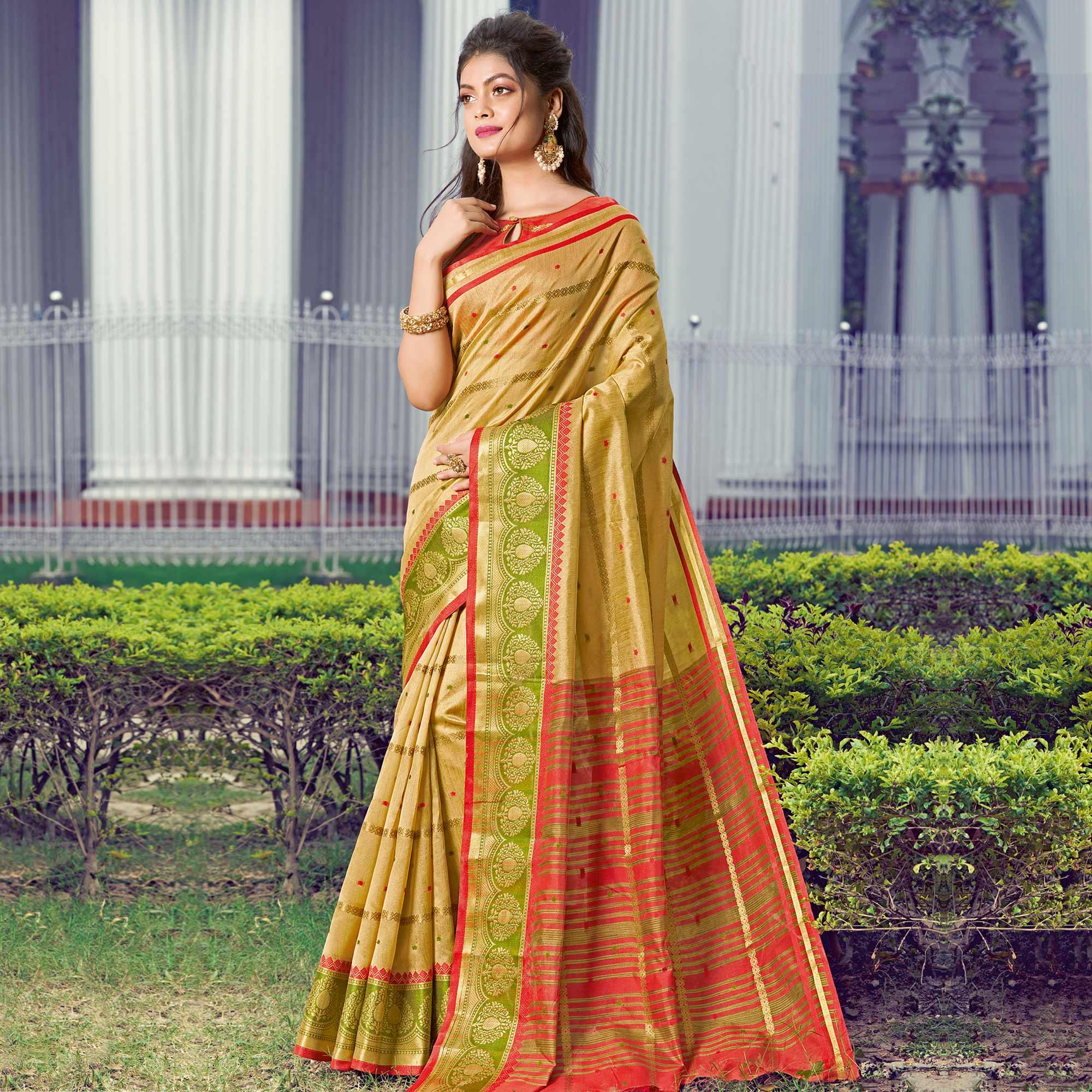 Surpassing Light Brown Colored Festive Wear Woven Handloom Silk Saree - Peachmode