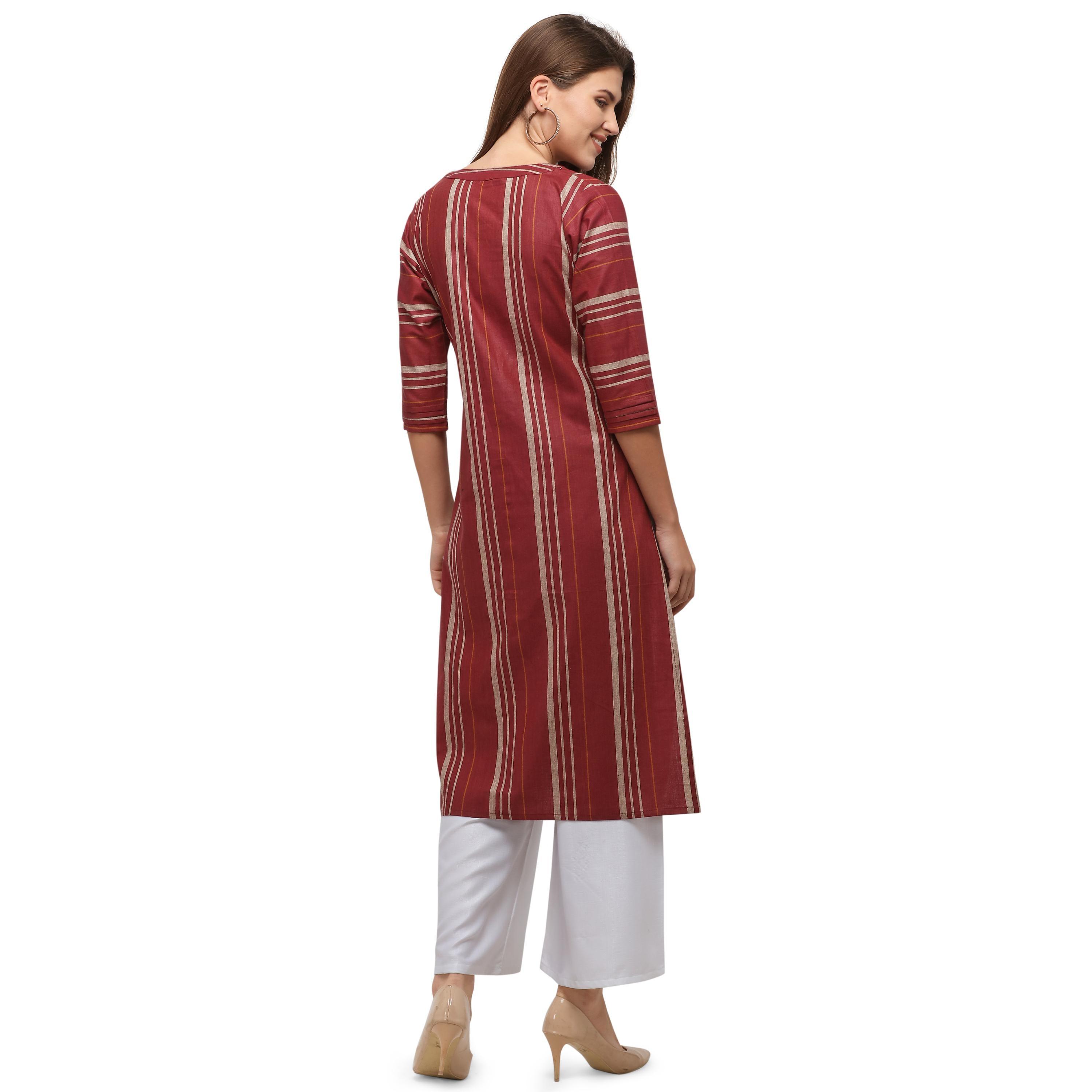 Surpassing Maroon Colored Casual Wear Embroidered Cotton Kurti With Palazzo - Peachmode