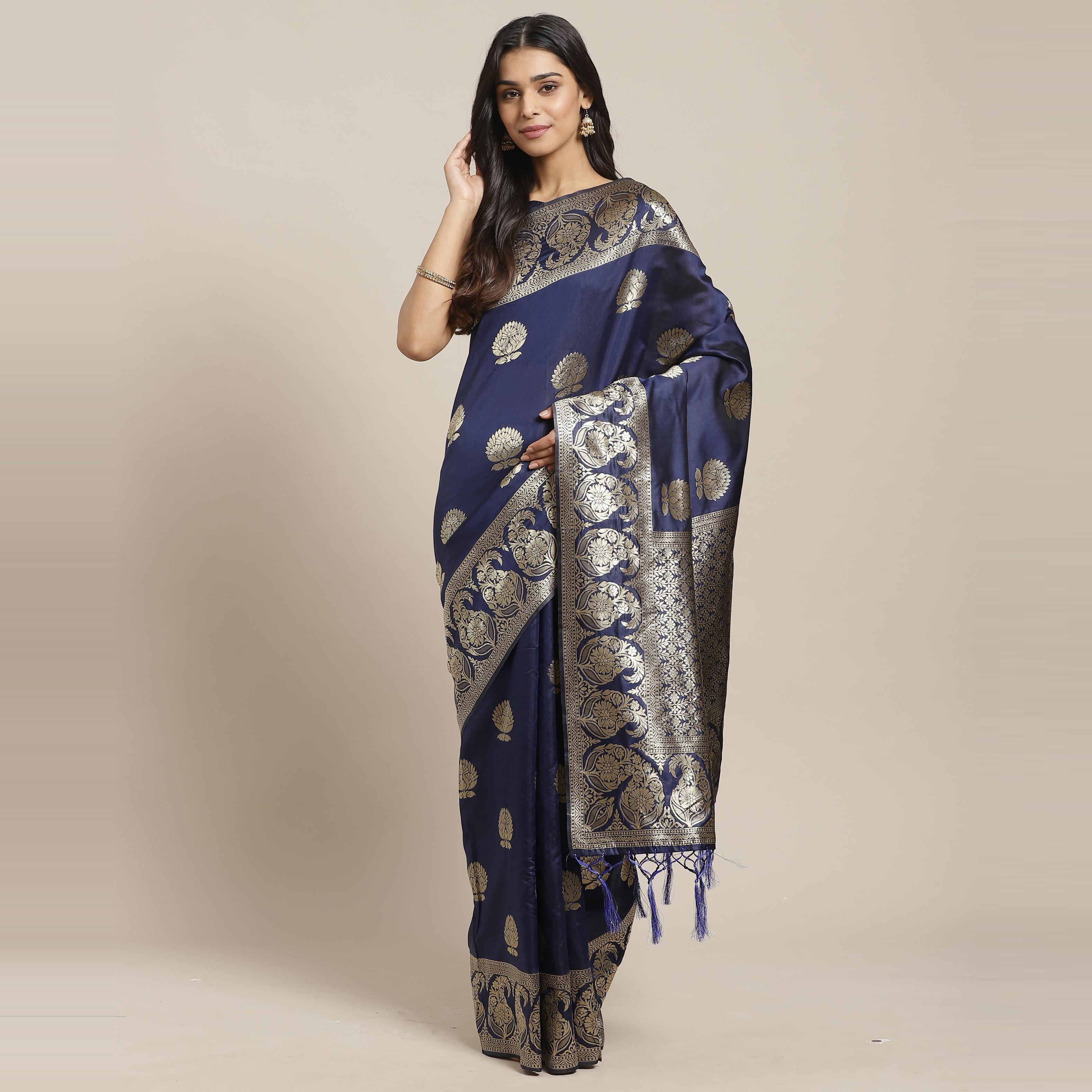 Surpassing Navy Blue Colored Festive Wear Woven Silk Blend Saree - Peachmode