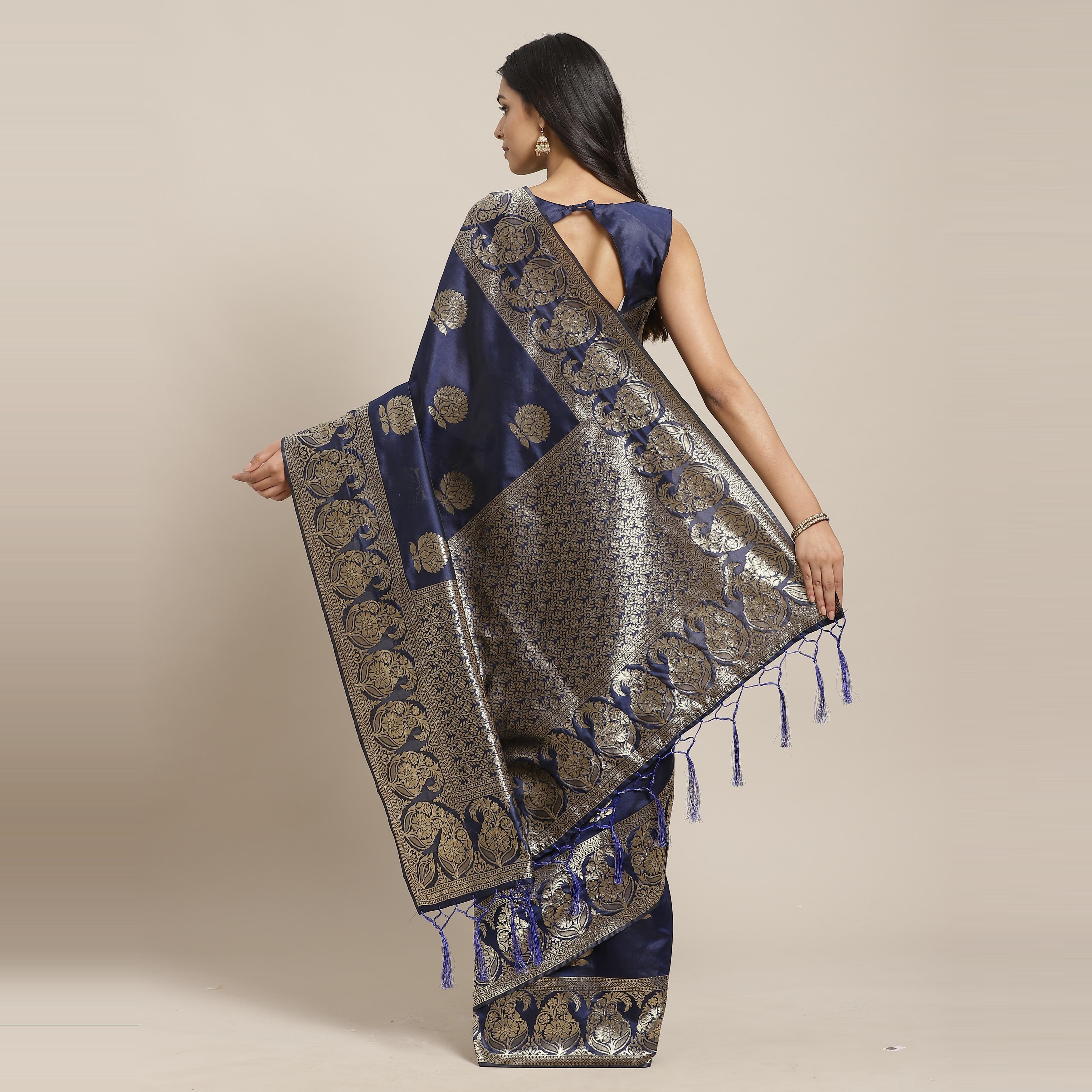 Surpassing Navy Blue Colored Festive Wear Woven Silk Blend Saree - Peachmode