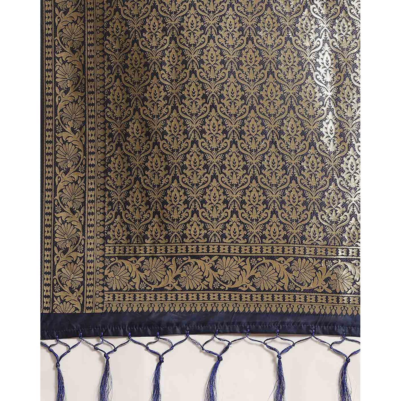 Surpassing Navy Blue Colored Festive Wear Woven Silk Blend Saree - Peachmode