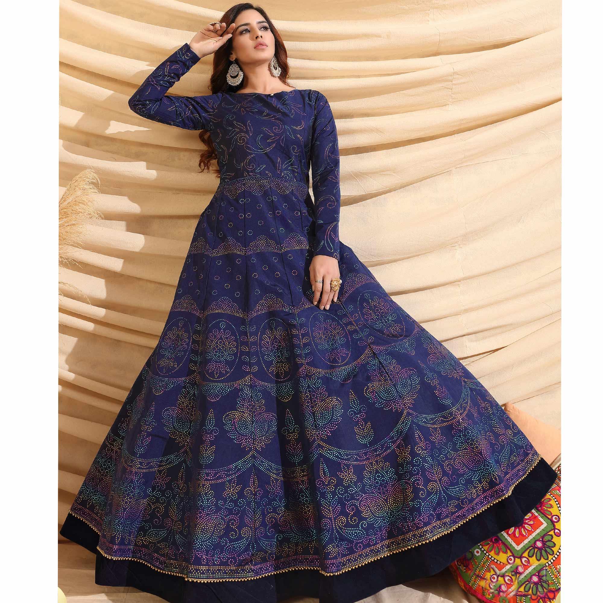Surpassing Navy Blue Colored Party Wear Pigment Foil Work Taffeta Silk Gown - Peachmode