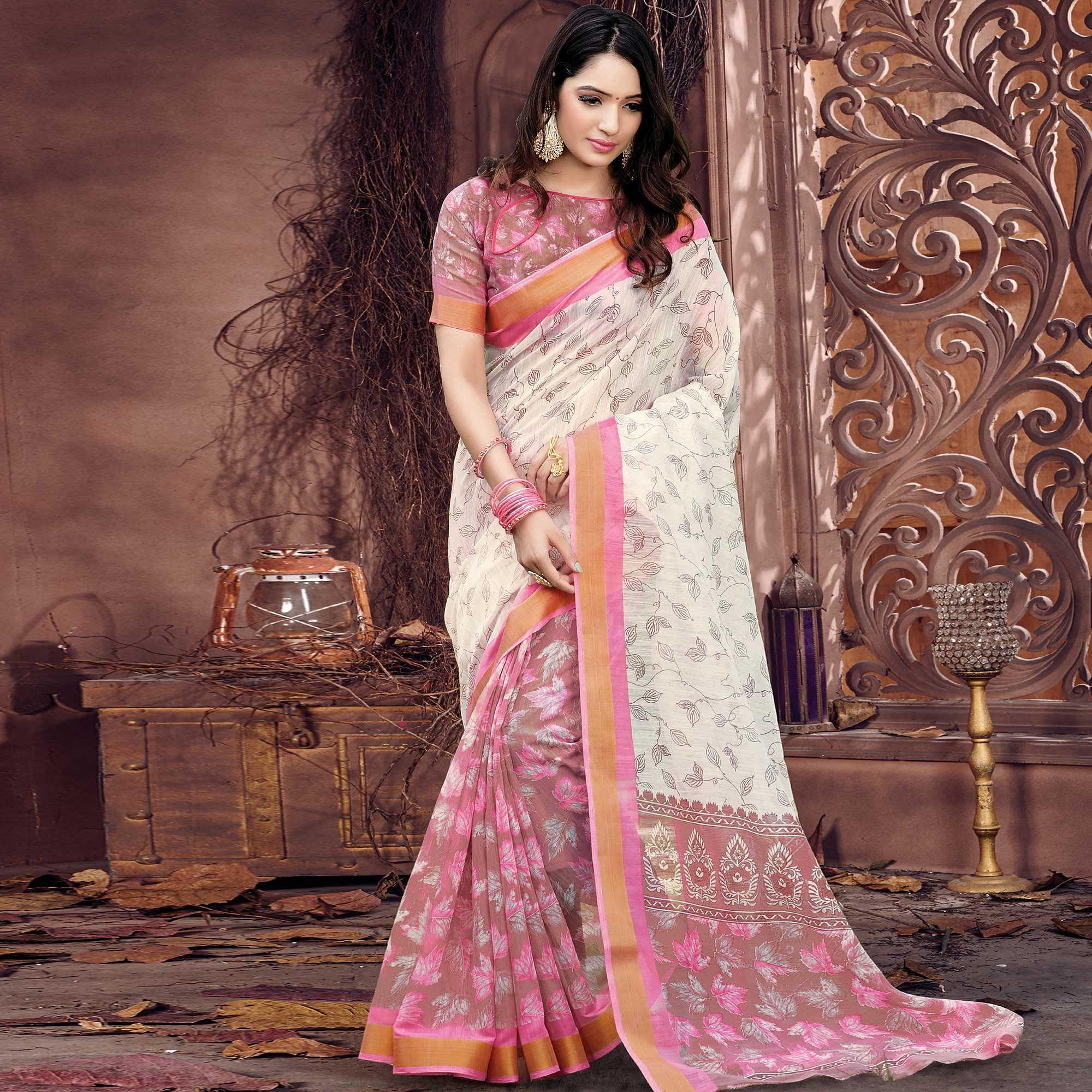 Surpassing Offwhite - Brown Colored Casual Wear Printed Cotton Saree - Peachmode