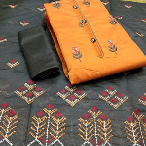 Surpassing Orange Colored Casual Wear Embroidered Cotton Dress Material - Peachmode