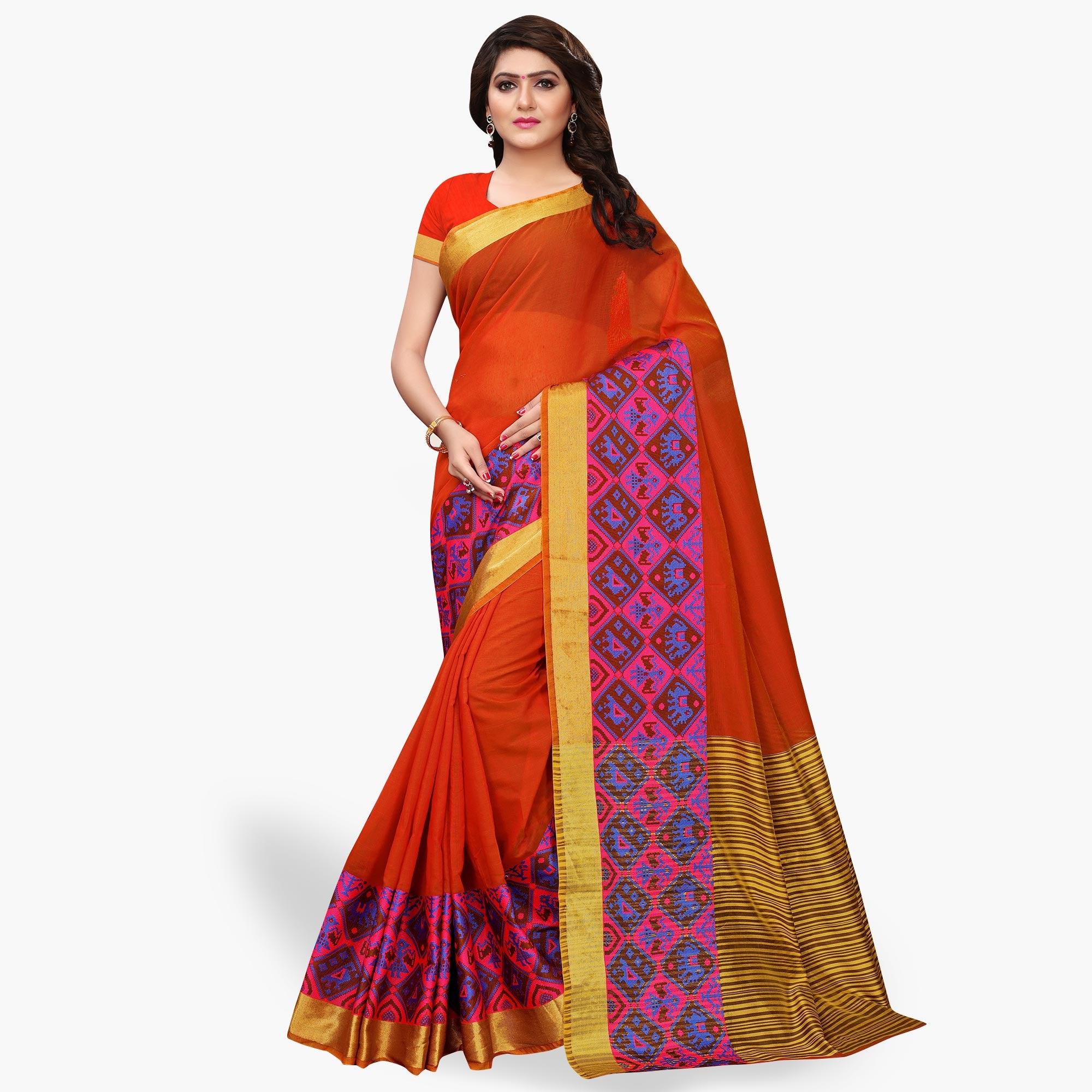 Surpassing Orange Colored Festive Wear Cotton Silk Saree - Peachmode