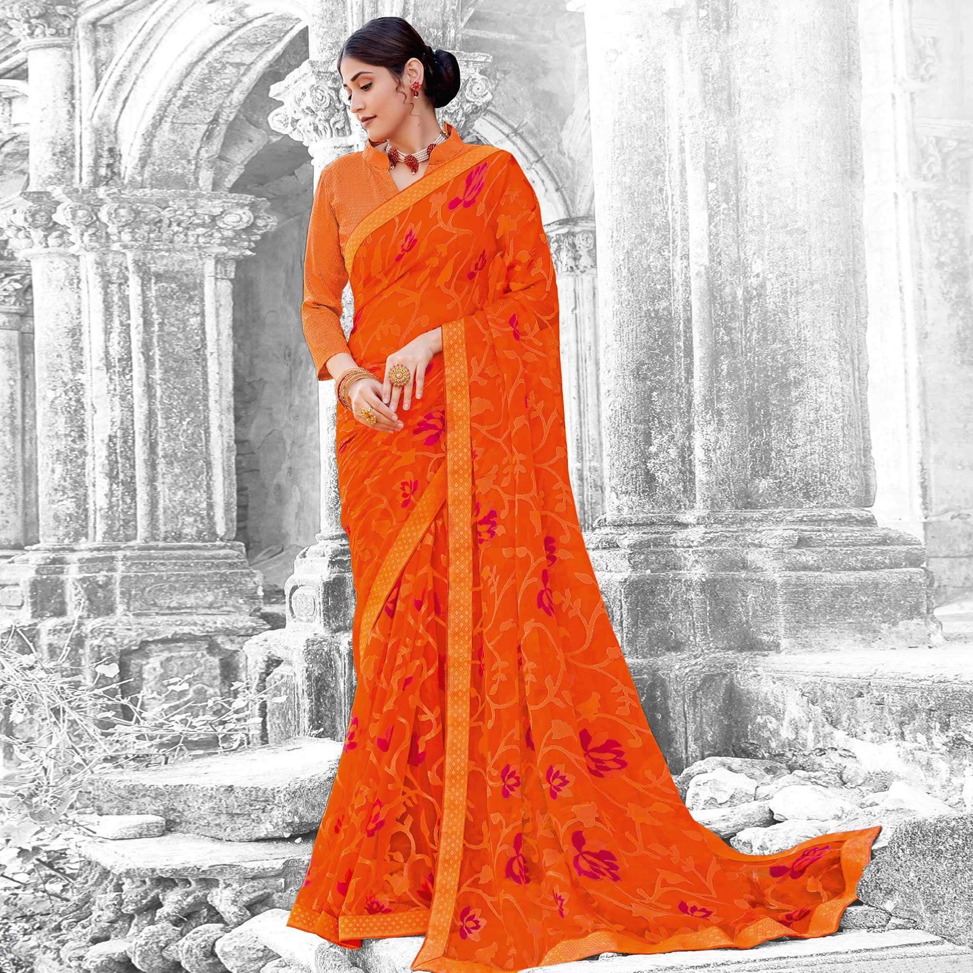 Surpassing Orange Coloured Partywear Printed Brasso Saree - Peachmode
