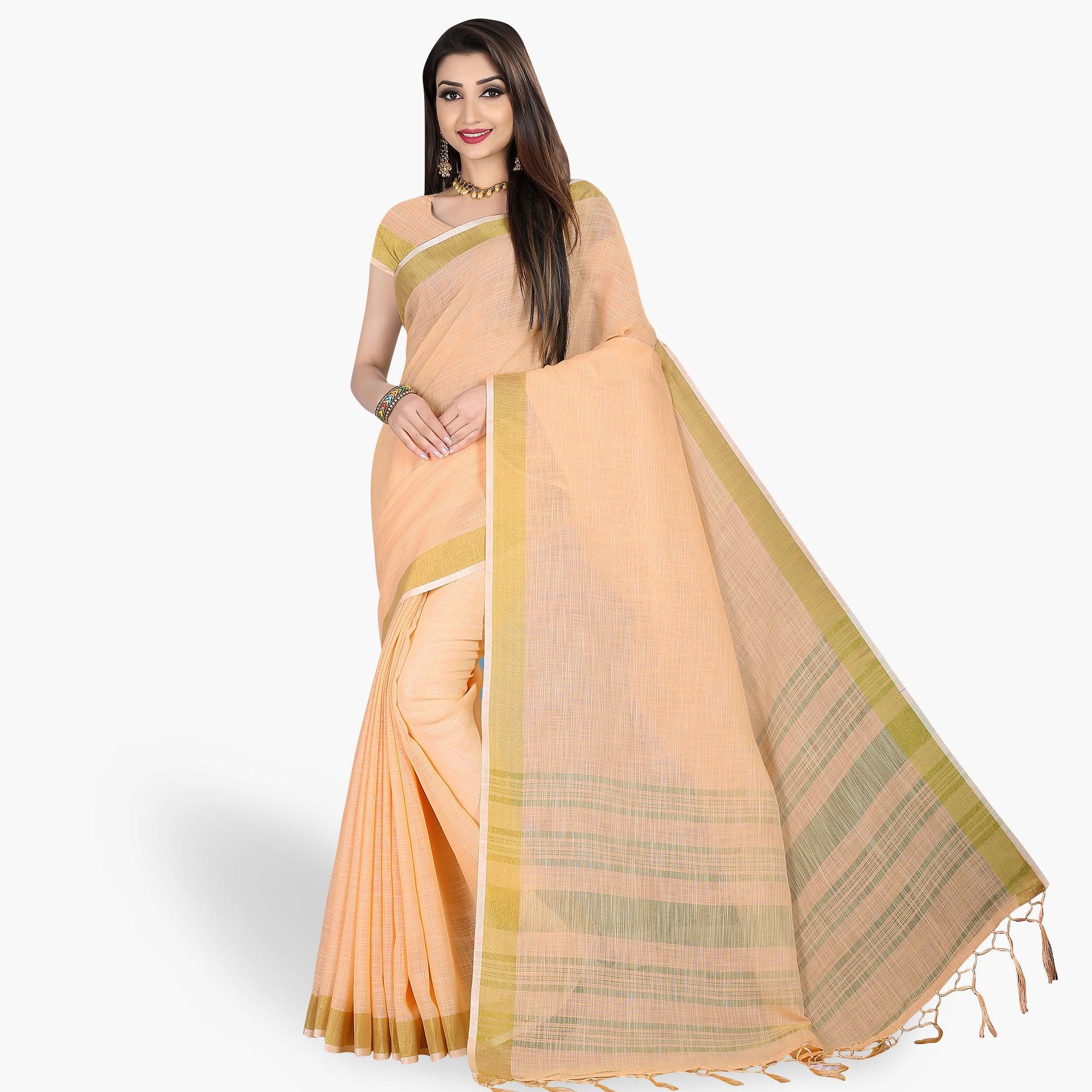 Surpassing Pastel Orange Colored Festive Wear Cotton Linen Saree - Peachmode