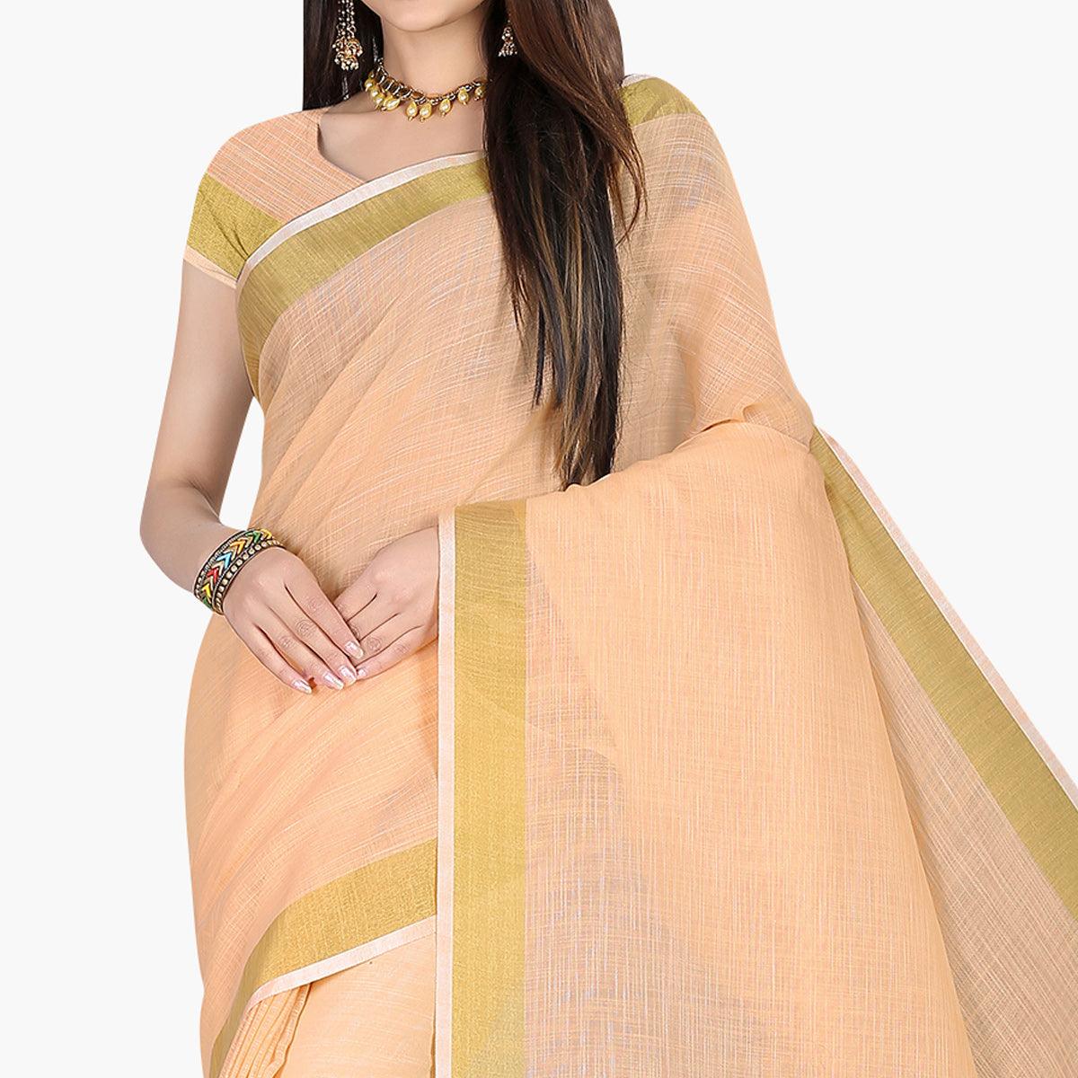 Surpassing Pastel Orange Colored Festive Wear Cotton Linen Saree - Peachmode