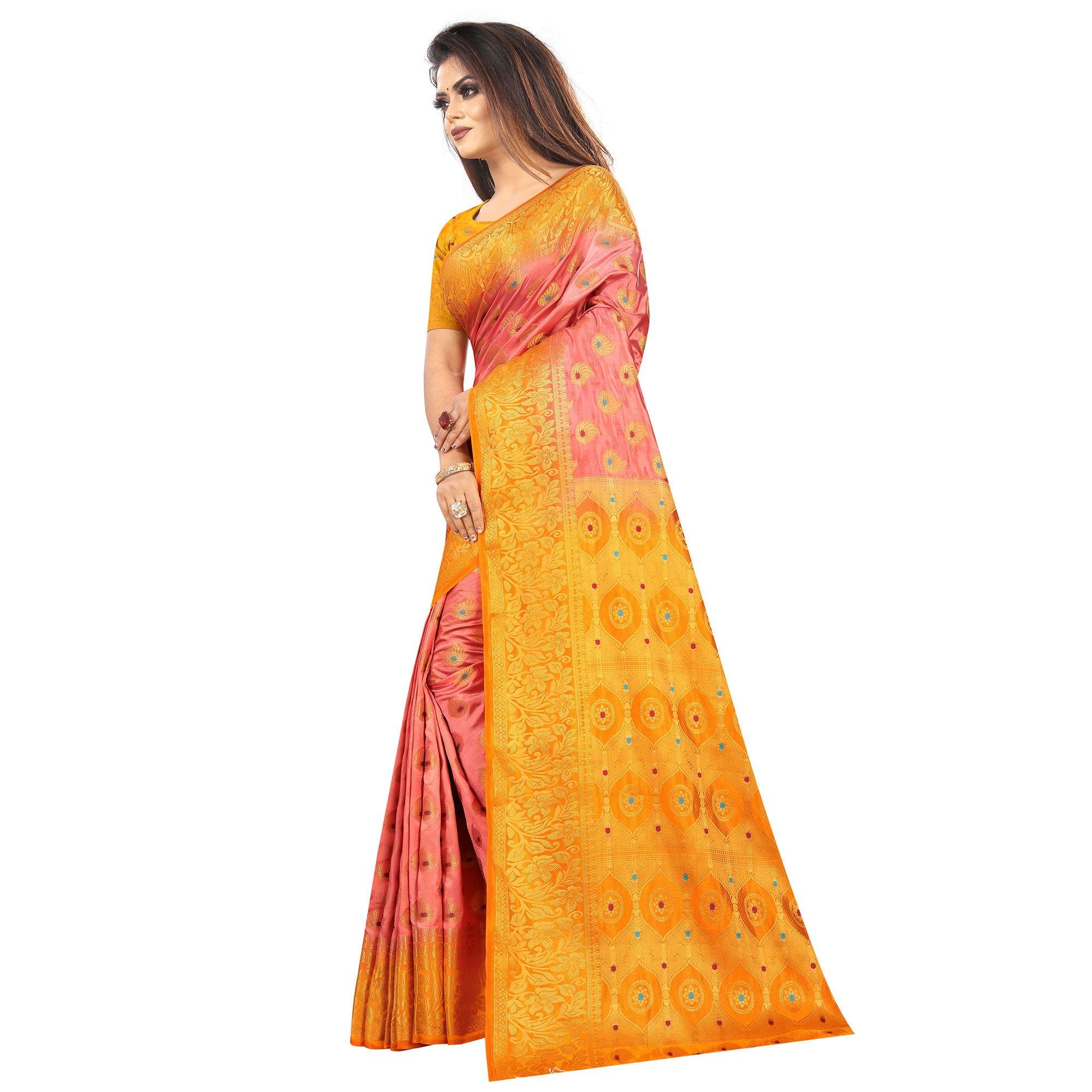 Surpassing Peach Colored Festive Wear Woven Art Silk Saree - Peachmode