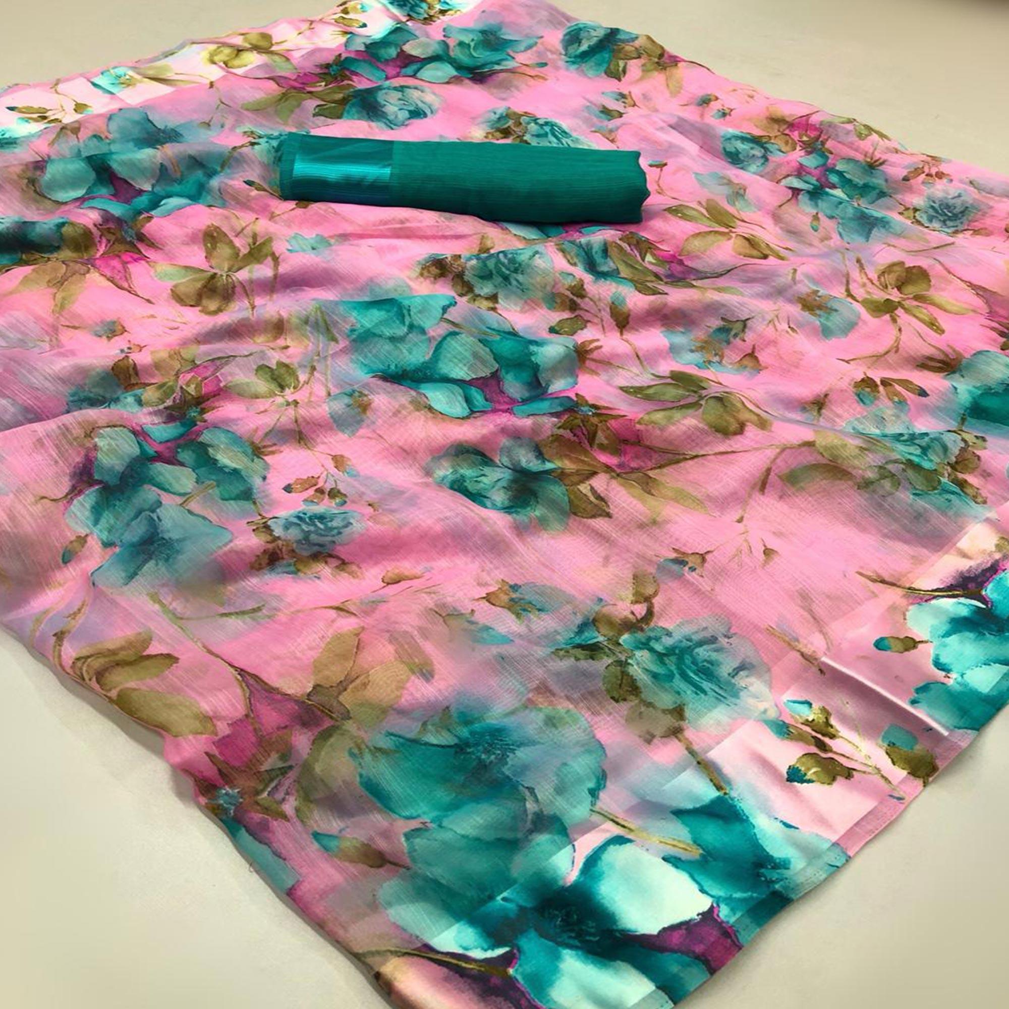 Surpassing Pink Colored Casual Wear Floral Printed Linen Saree - Peachmode