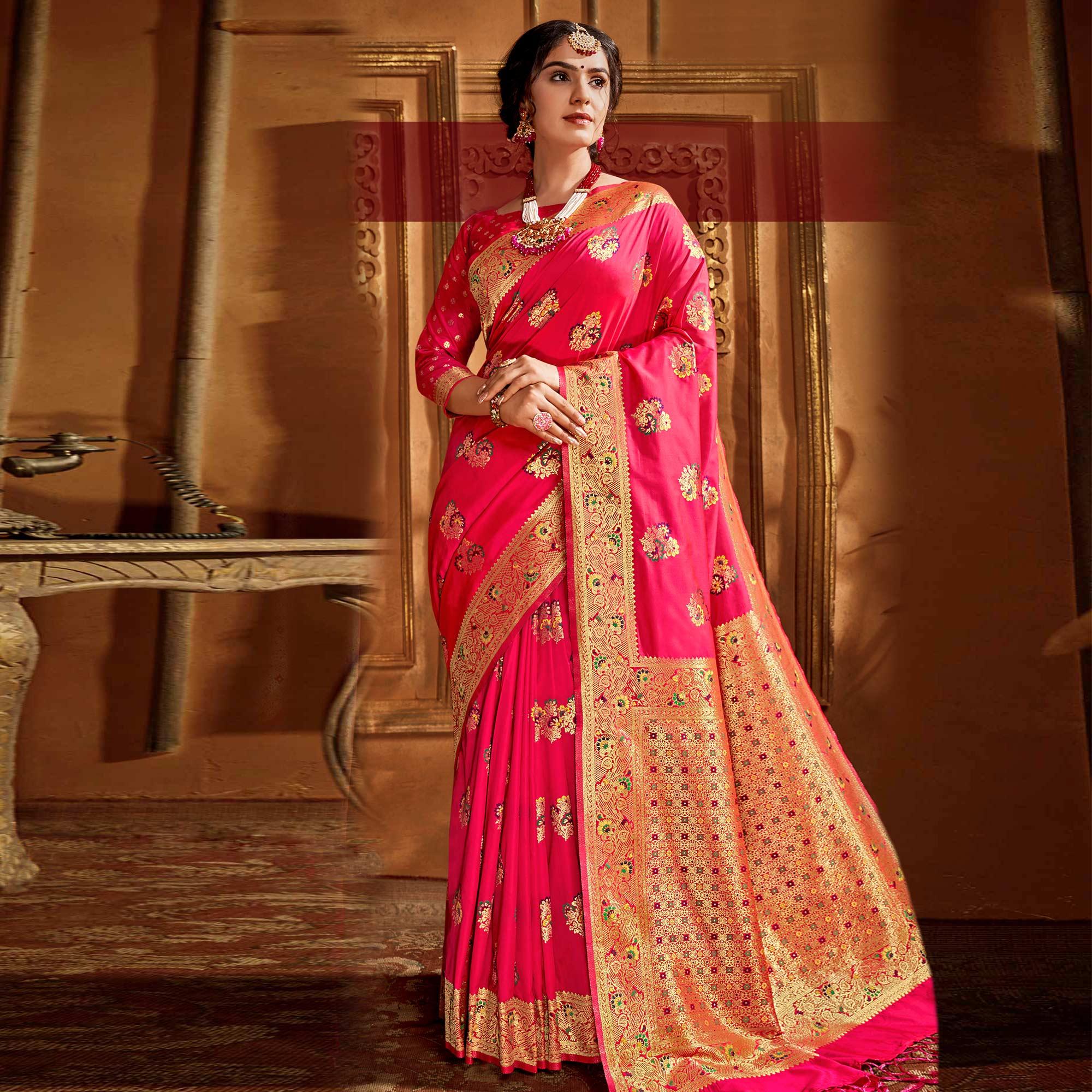 Surpassing Pink Colored Festive Wear Woven Silk Saree - Peachmode