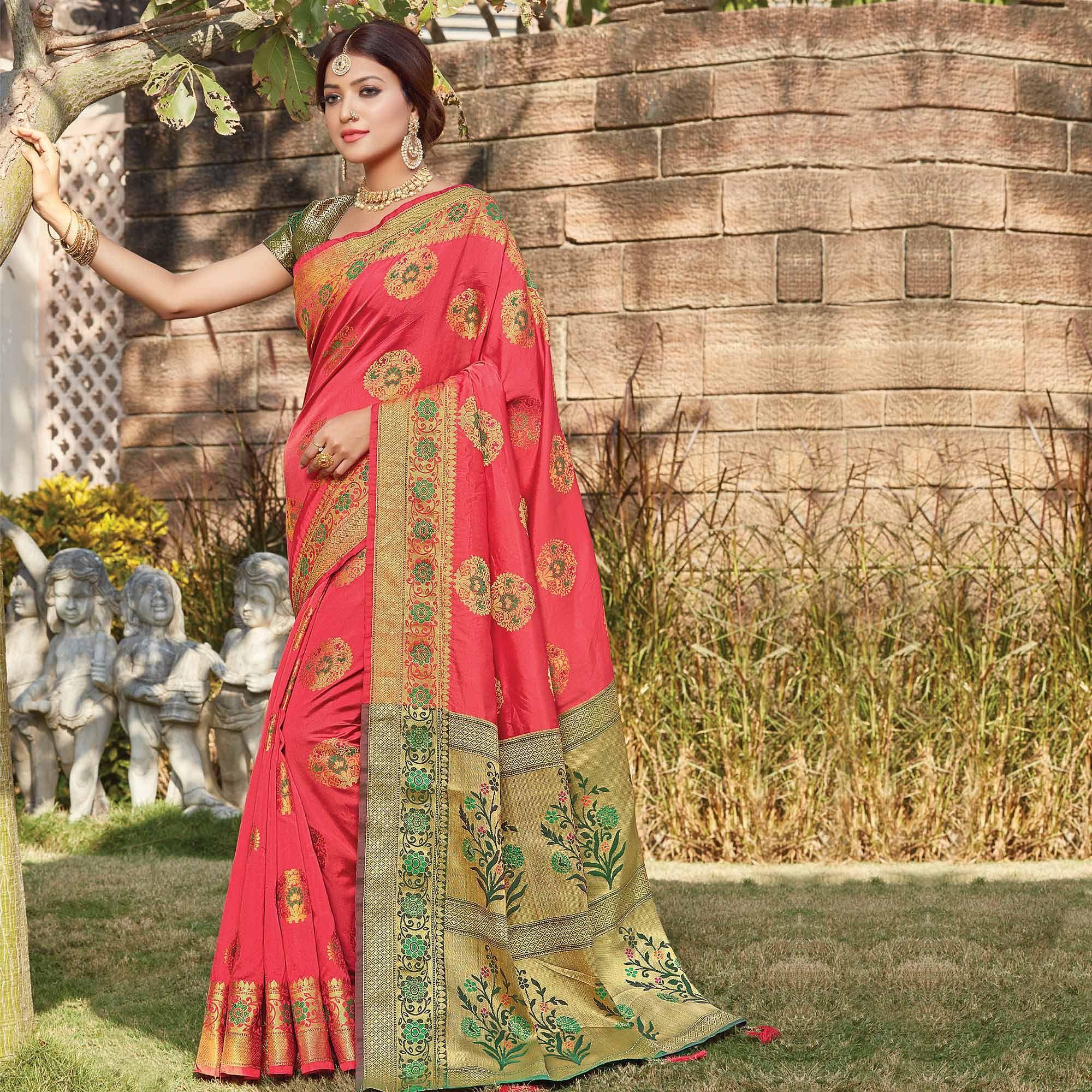 Surpassing Pink Colored Festive Wear Woven Silk Saree - Peachmode