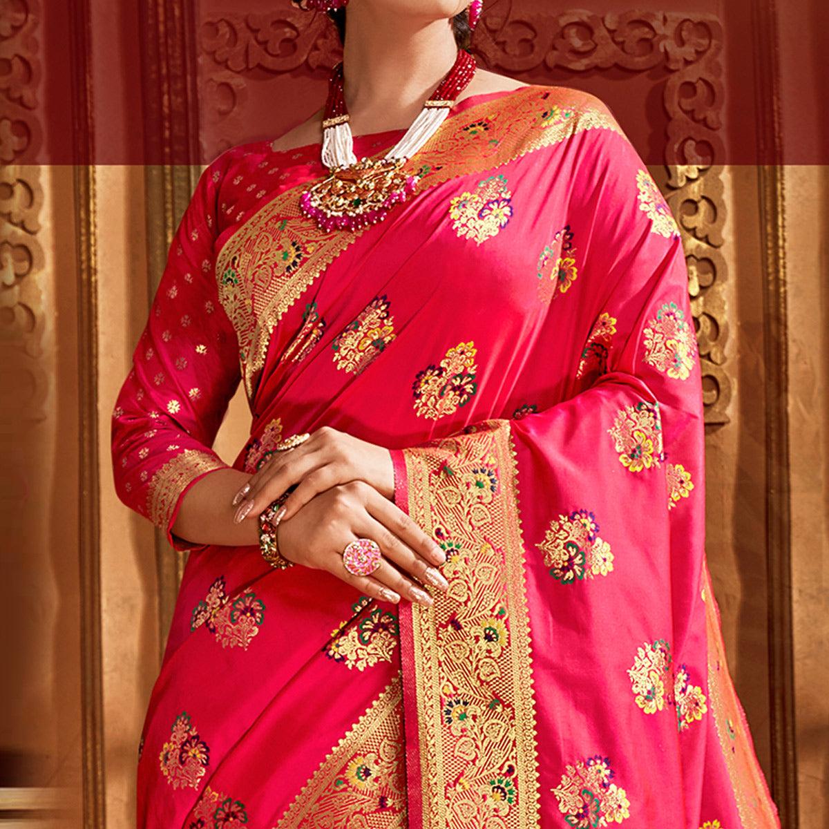 Surpassing Pink Colored Festive Wear Woven Silk Saree - Peachmode