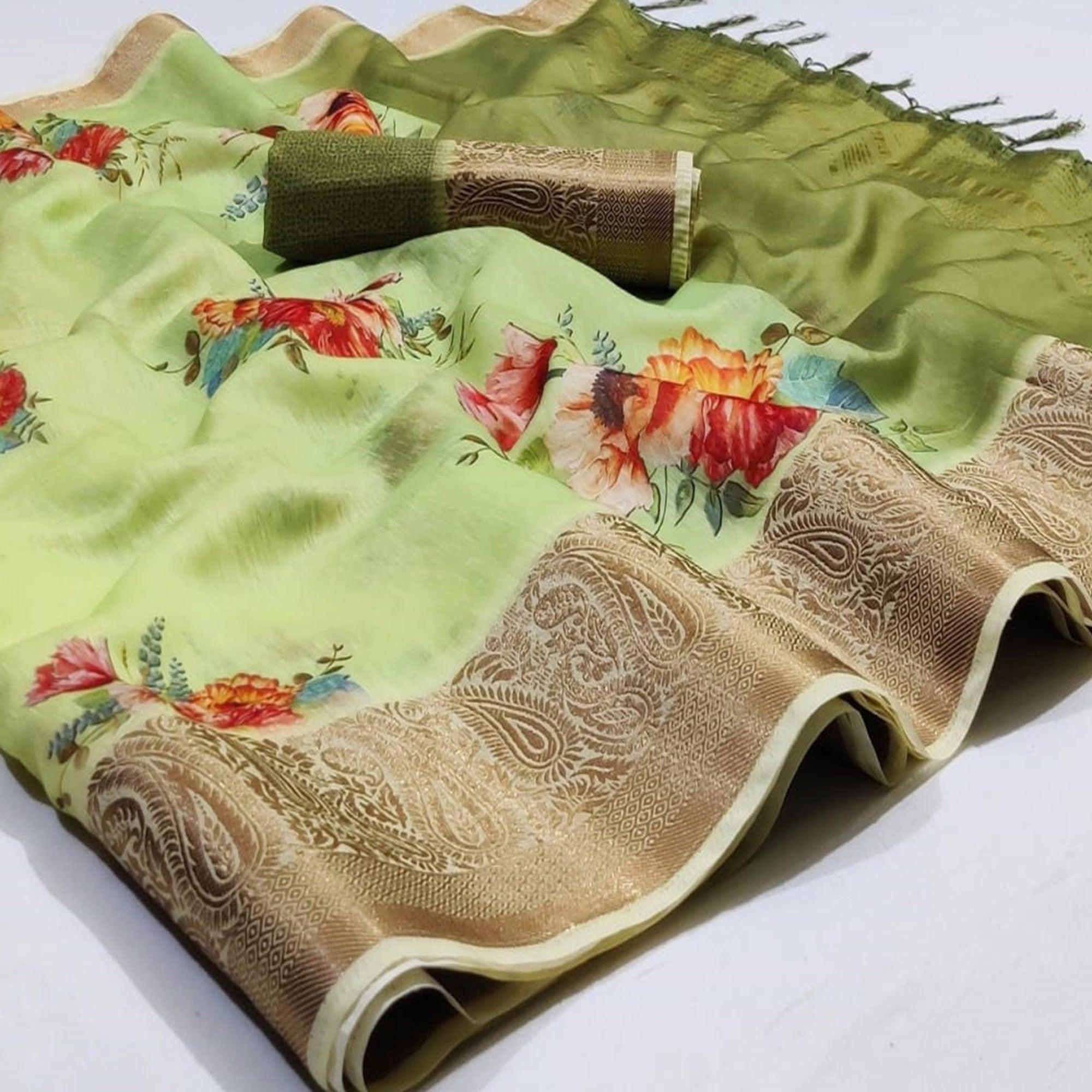Surpassing Pista Green Colored Festive Wear Woven Banarasi Silk Saree - Peachmode