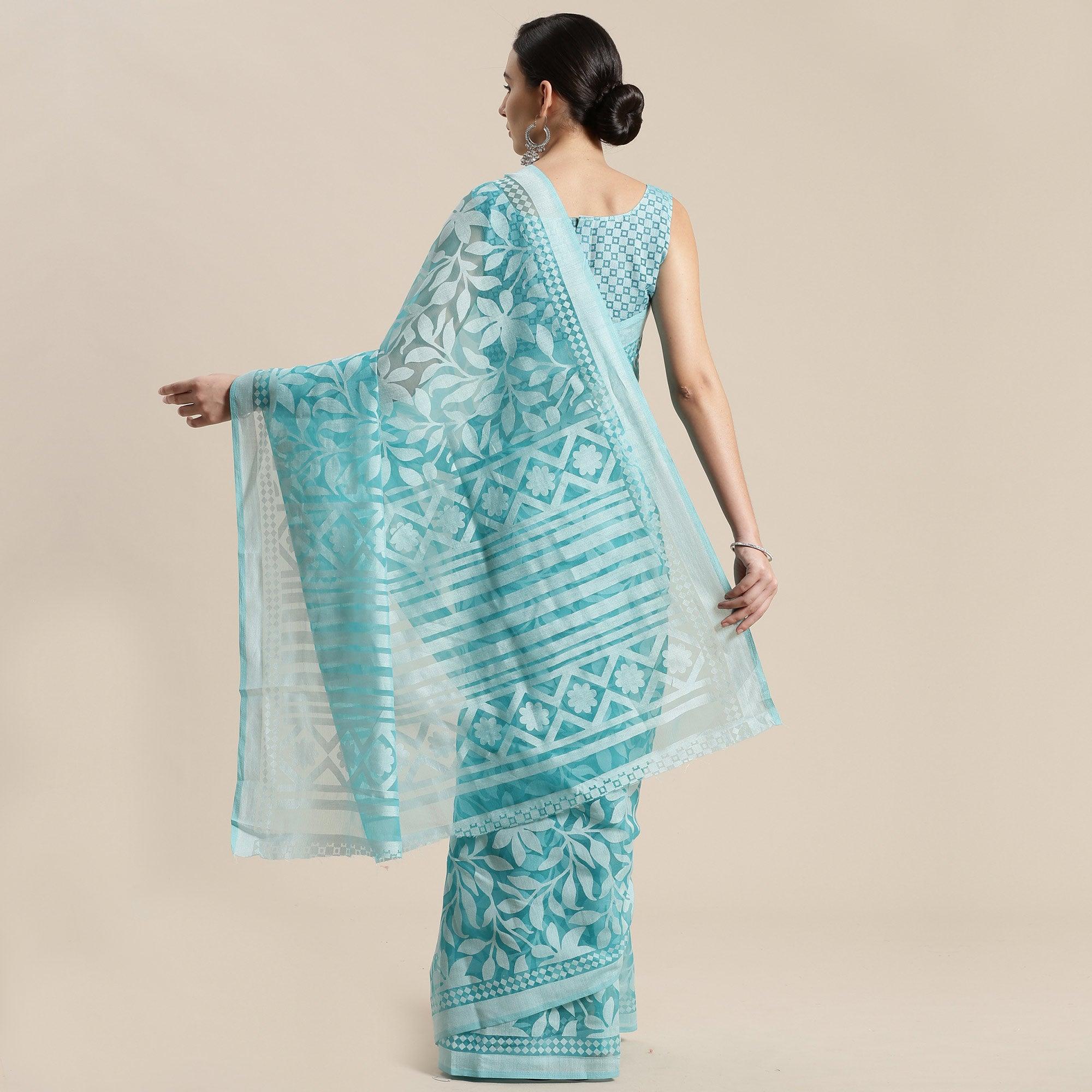 Surpassing Turquoise Colored Party Wear Geometric Brasso Saree - Peachmode