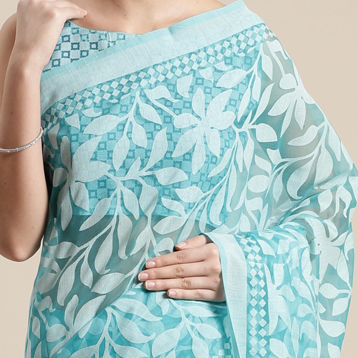 Surpassing Turquoise Colored Party Wear Geometric Brasso Saree - Peachmode