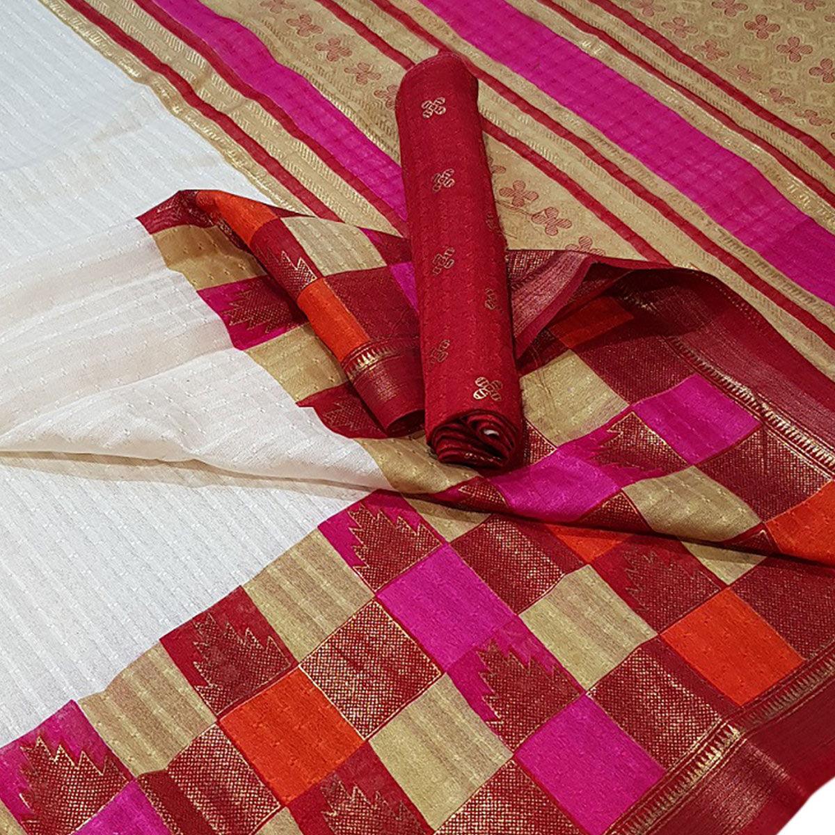 Surpassing White Colored Festive Wear Foil Printed Silk Saree - Peachmode