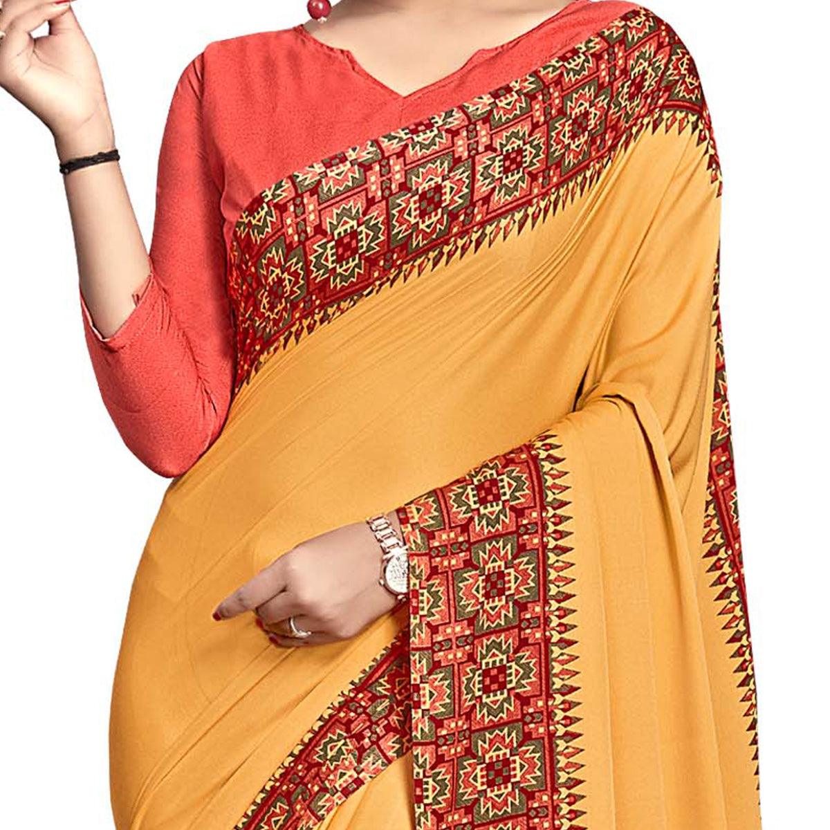 Surpassing Yellow Colored Casual Wear Printed Crepe Saree - Peachmode