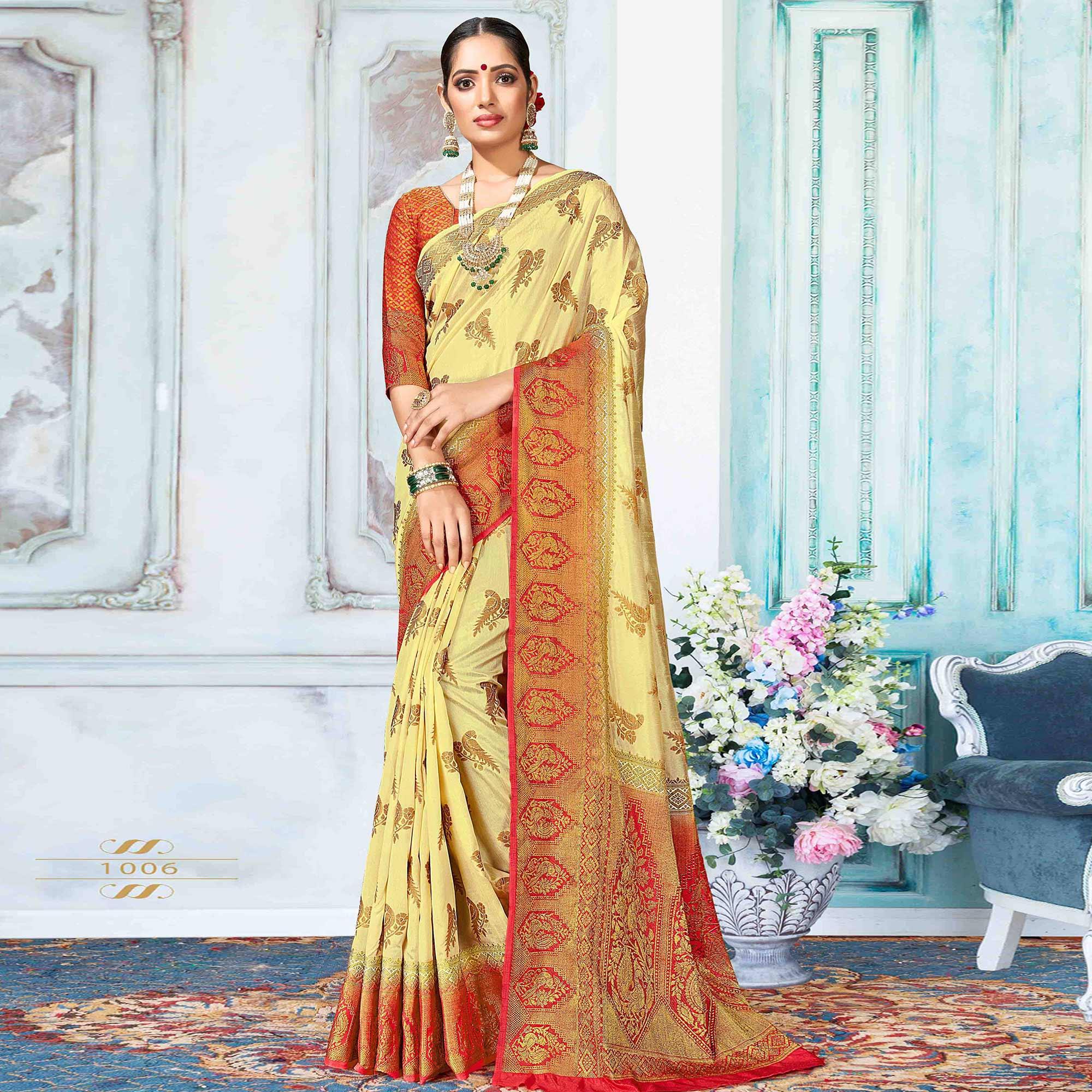 Surpassing Yellow Colored Festive Wear Woven Nylon Silk Saree - Peachmode