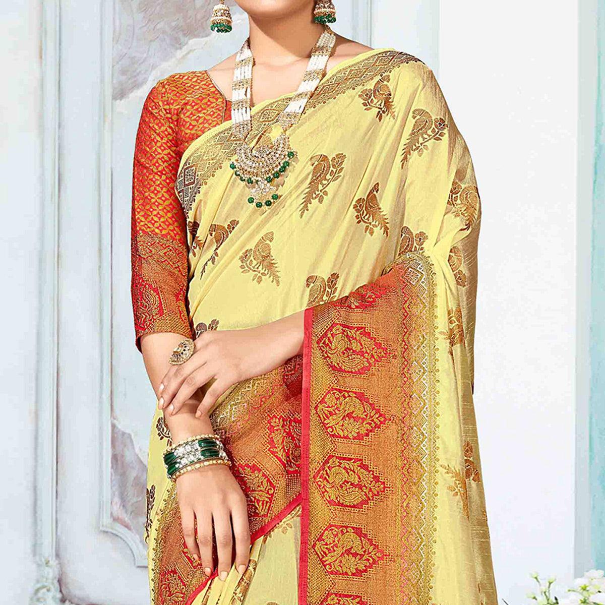 Surpassing Yellow Colored Festive Wear Woven Nylon Silk Saree - Peachmode