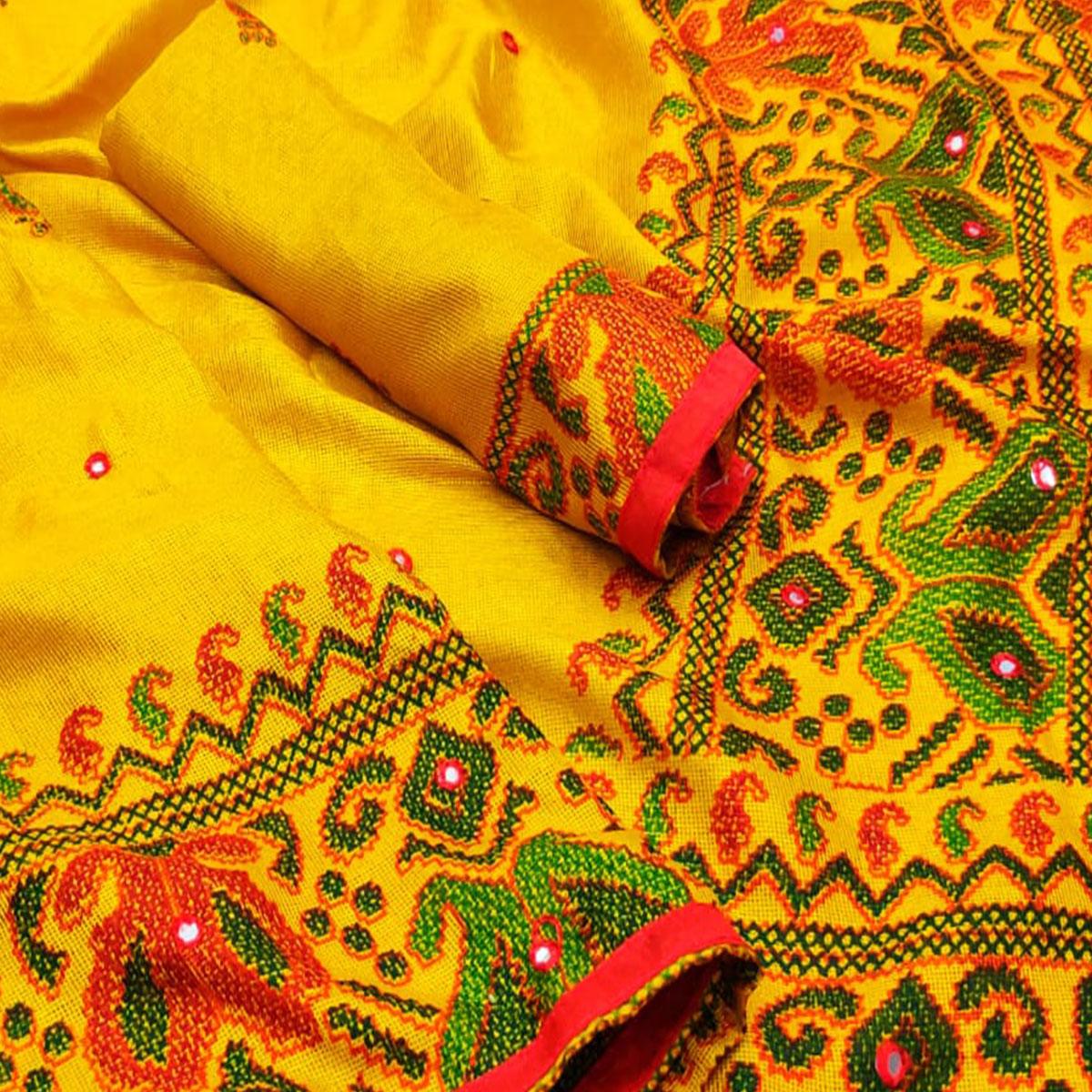 Surpassing Yellow Coloured Casual Wear Printed Cotton Jute Saree - Peachmode