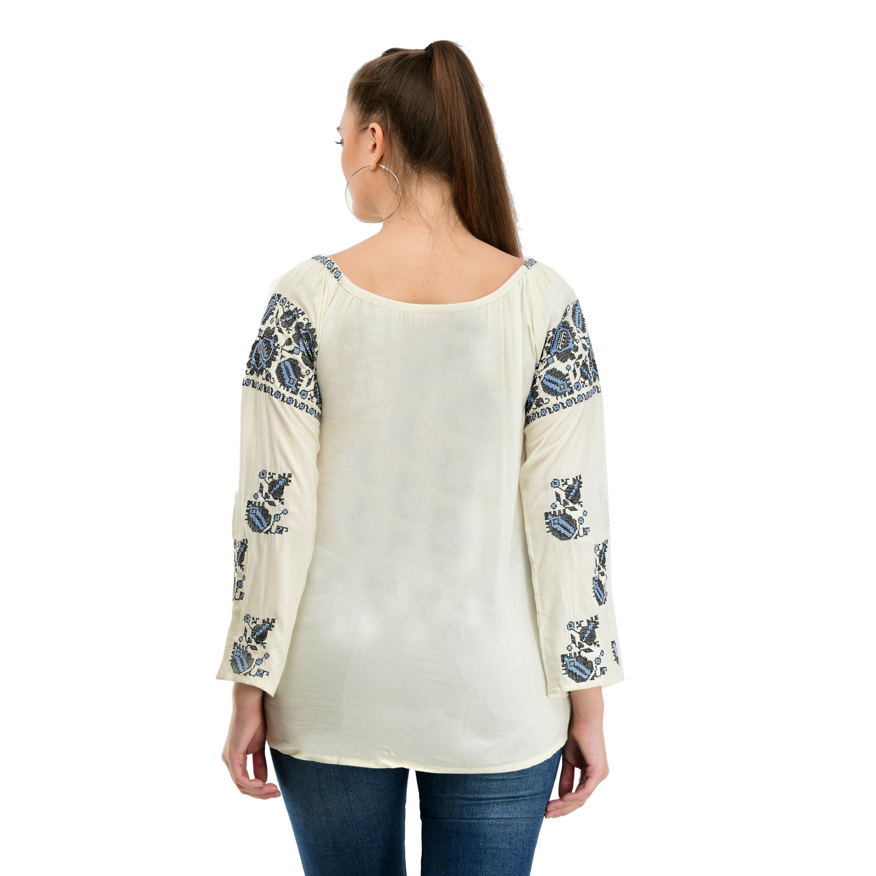Taaraa - Cream Colored Casual Embroidered Rayon Top - Peachmode