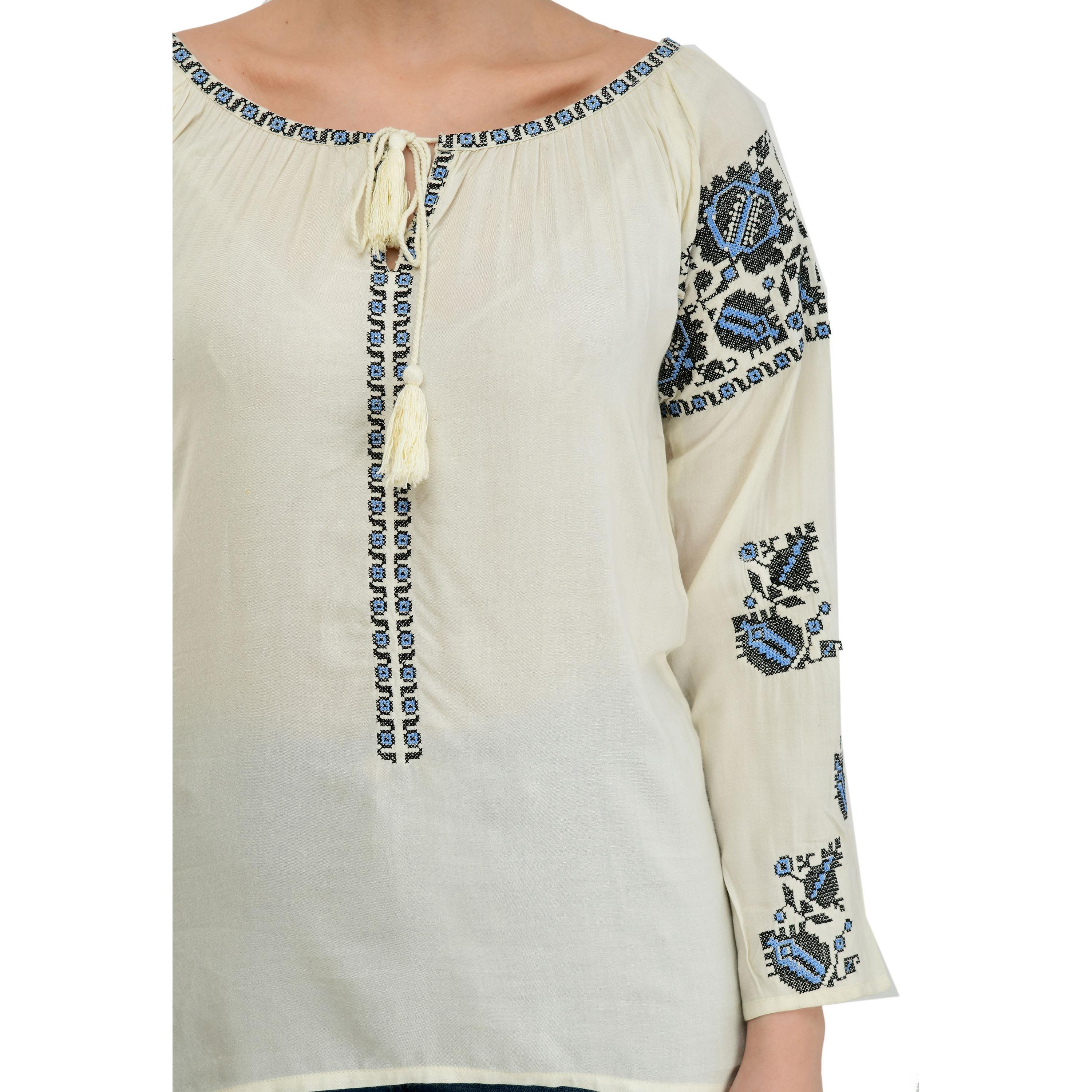 Taaraa - Cream Colored Casual Embroidered Rayon Top - Peachmode