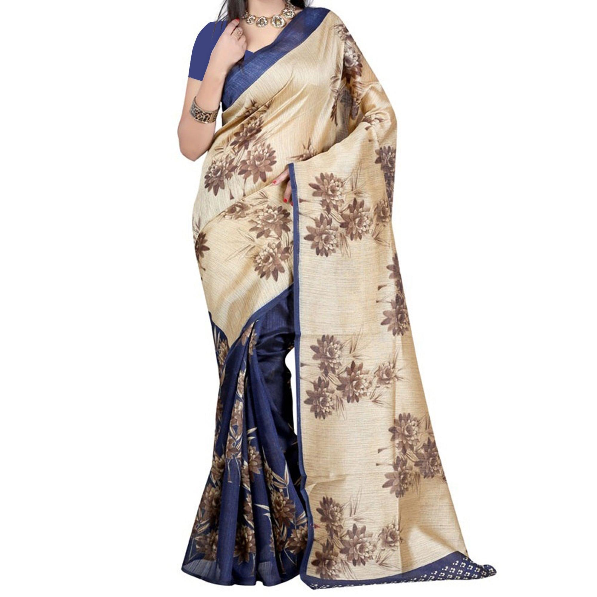 Tan - Blue Bhagalpuri Saree - Peachmode
