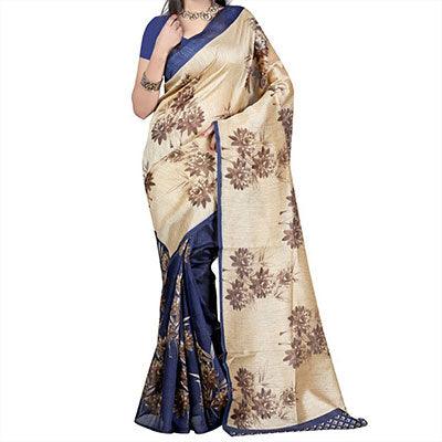 Tan - Blue Bhagalpuri Saree - Peachmode