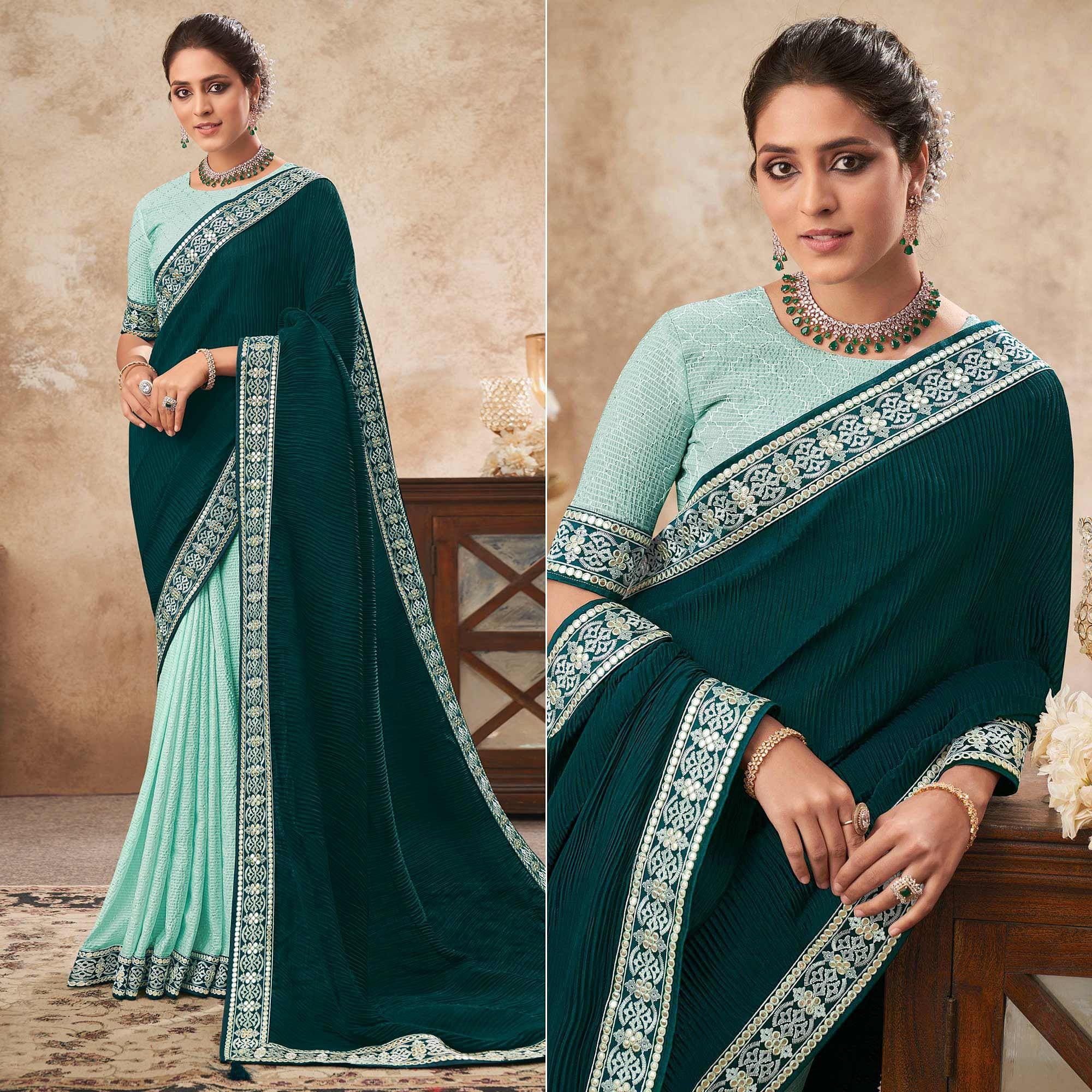 Teal & Turquoise Sequence Embroidered Chiffon Half & Half Saree - Peachmode