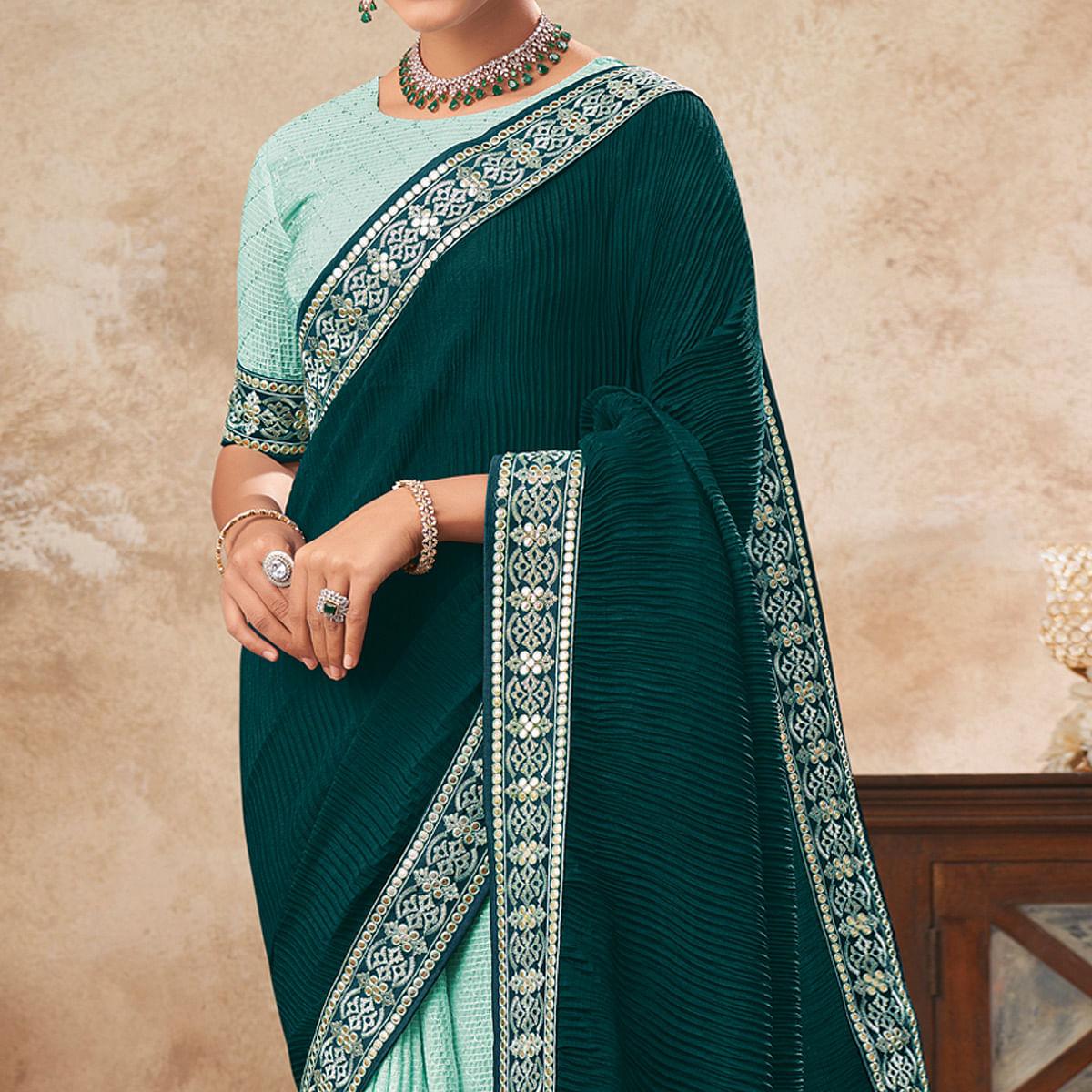 Teal & Turquoise Sequence Embroidered Chiffon Half & Half Saree - Peachmode