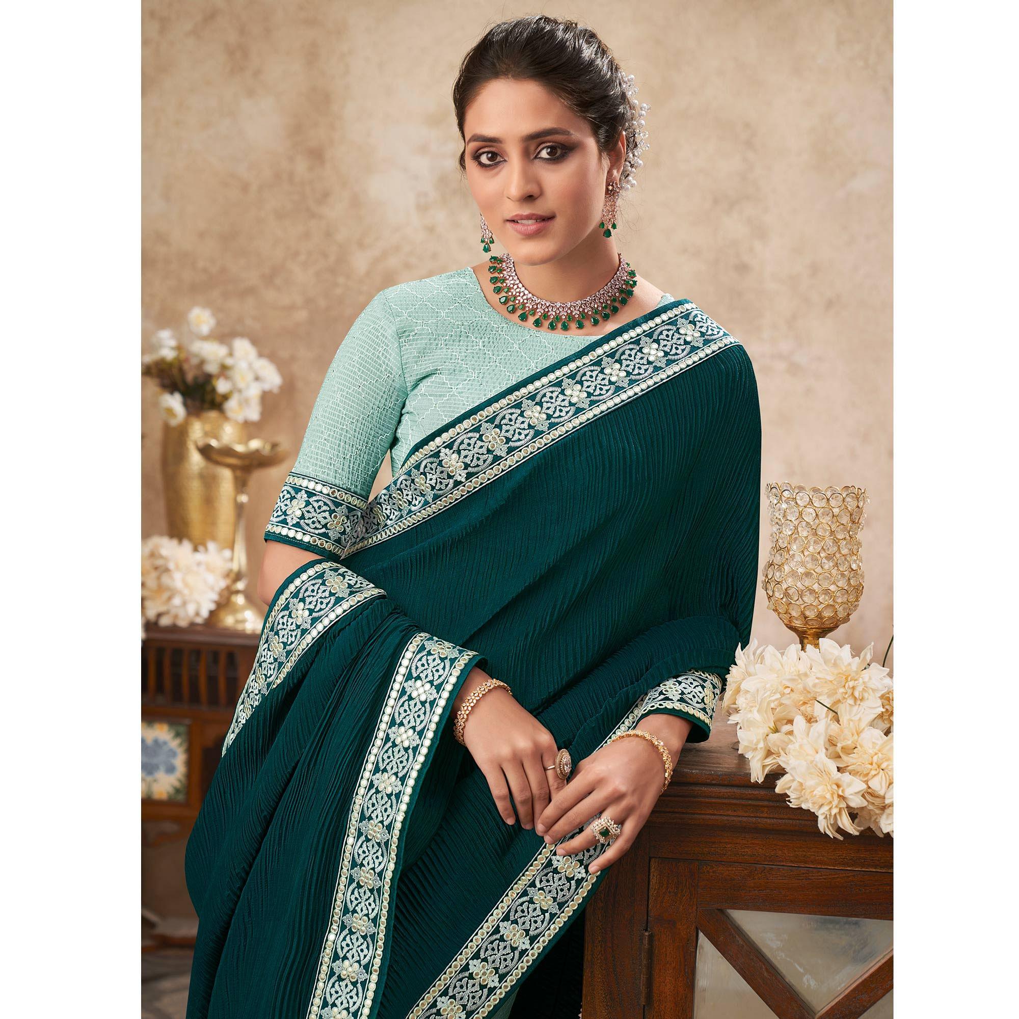 Teal & Turquoise Sequence Embroidered Chiffon Half & Half Saree - Peachmode