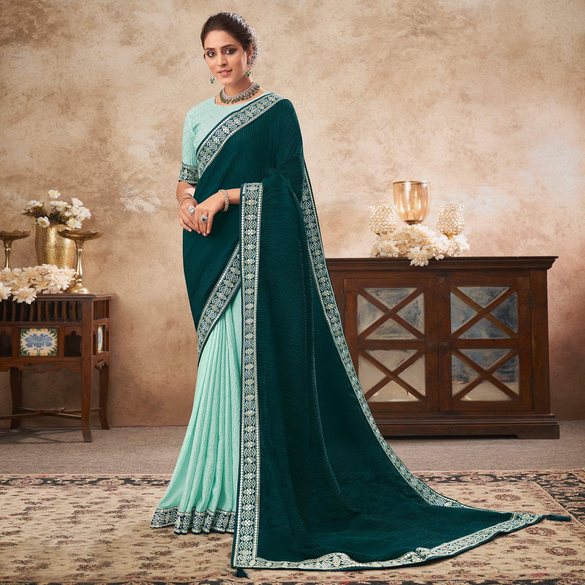 Teal & Turquoise Sequence Embroidered Chiffon Half & Half Saree - Peachmode