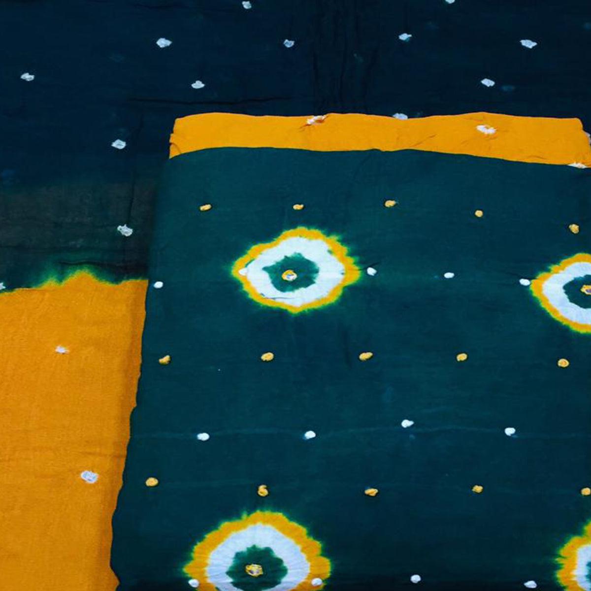 Teal Blue Bandhani Printed Cotton Blend Dress Material - Peachmode