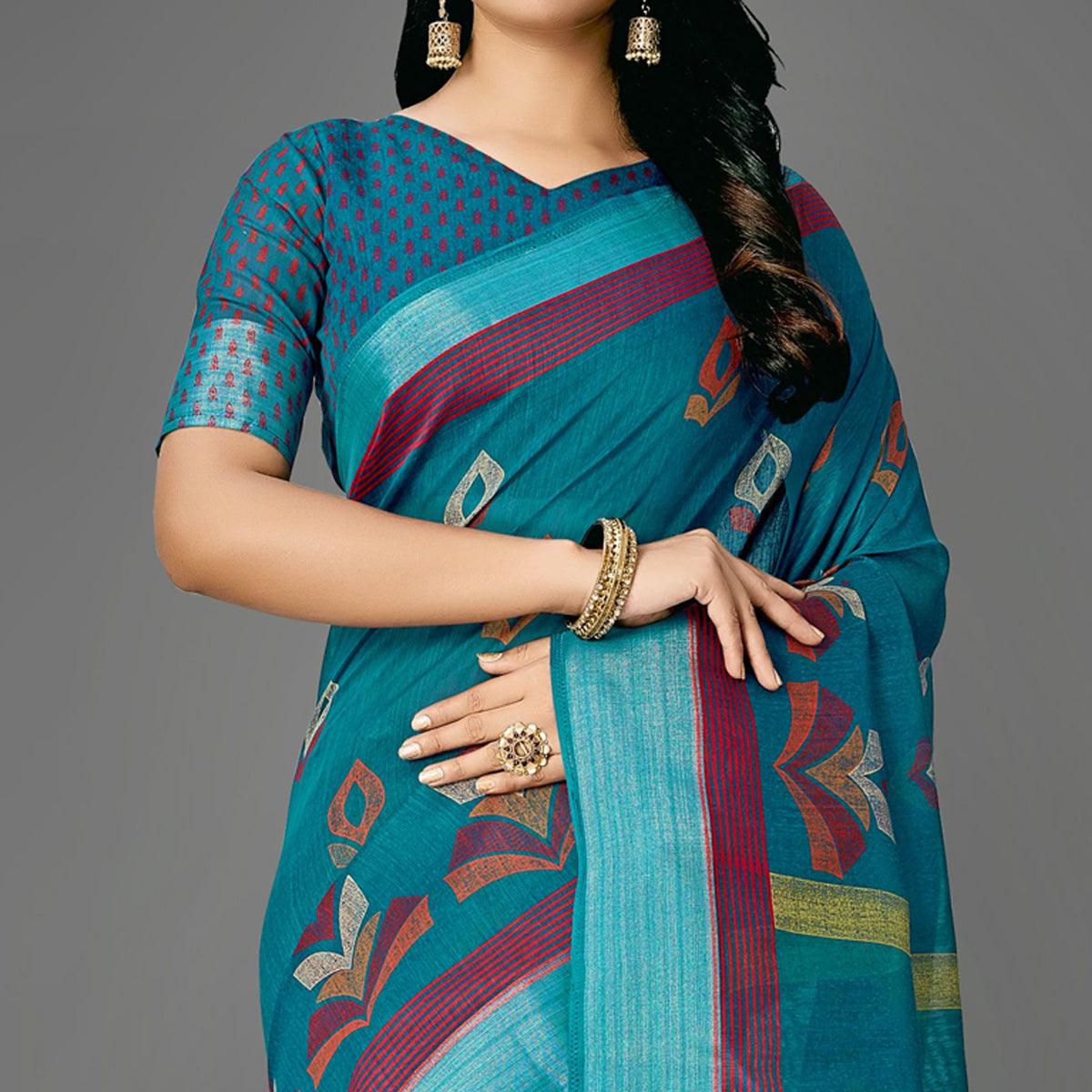 Teal Blue Casual Cotton Printed Saree With Unstitched Blouse - Peachmode