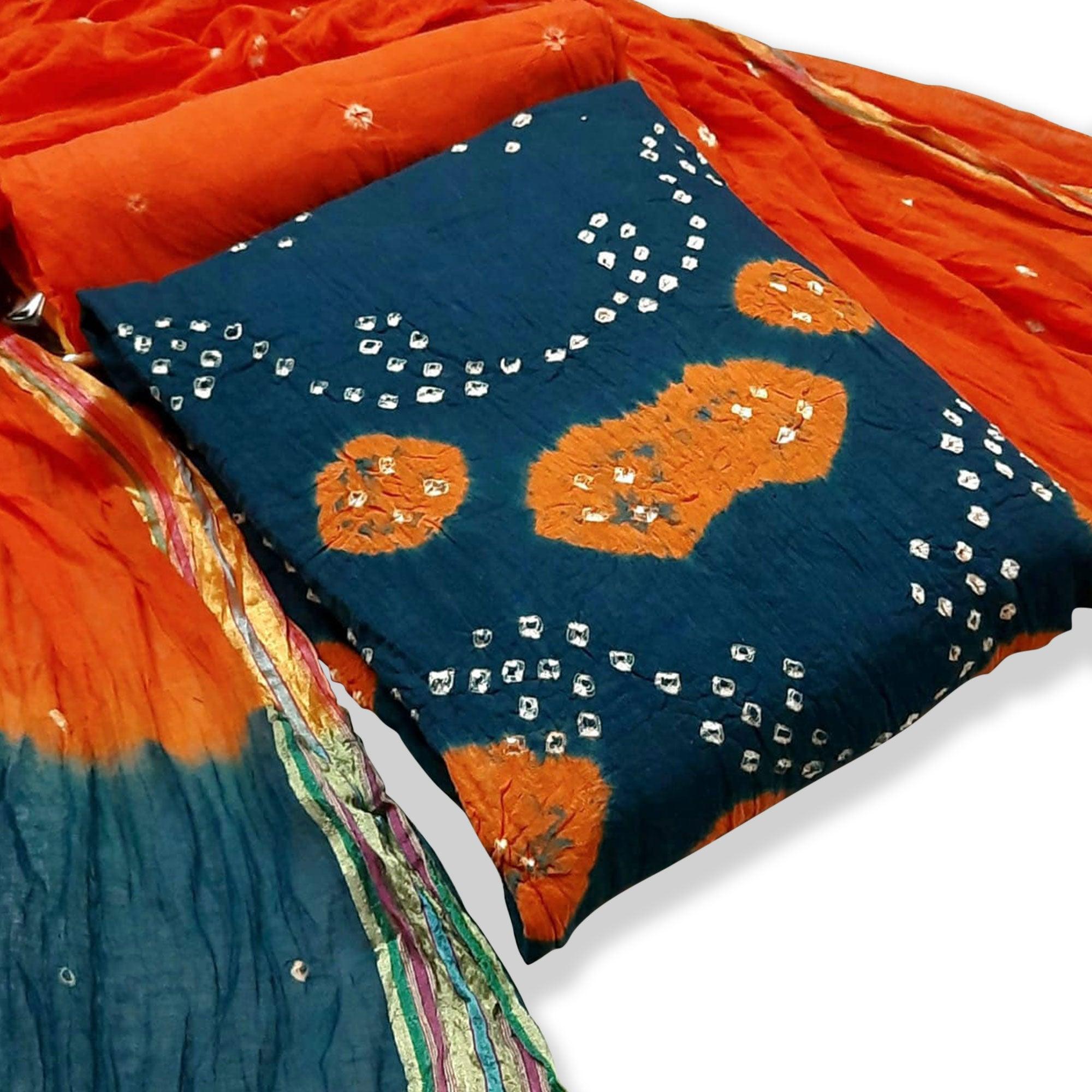 Teal Blue Casual Wear Bandhej And Woven Pure Cotton Dress Material - Peachmode