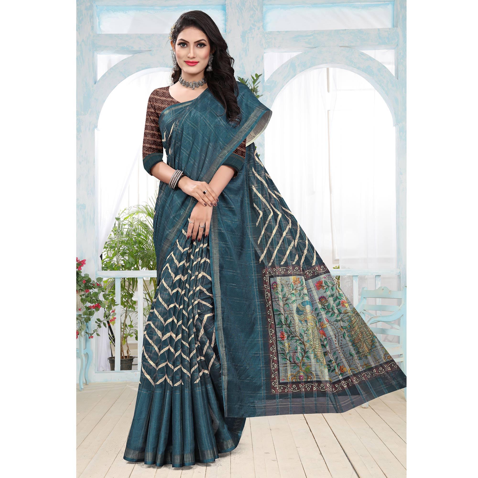 Teal Blue Casual Wear Digital Printed Cotton Silk Saree - Peachmode