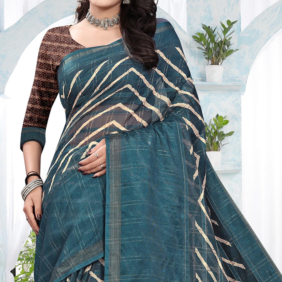 Teal Blue Casual Wear Digital Printed Cotton Silk Saree - Peachmode