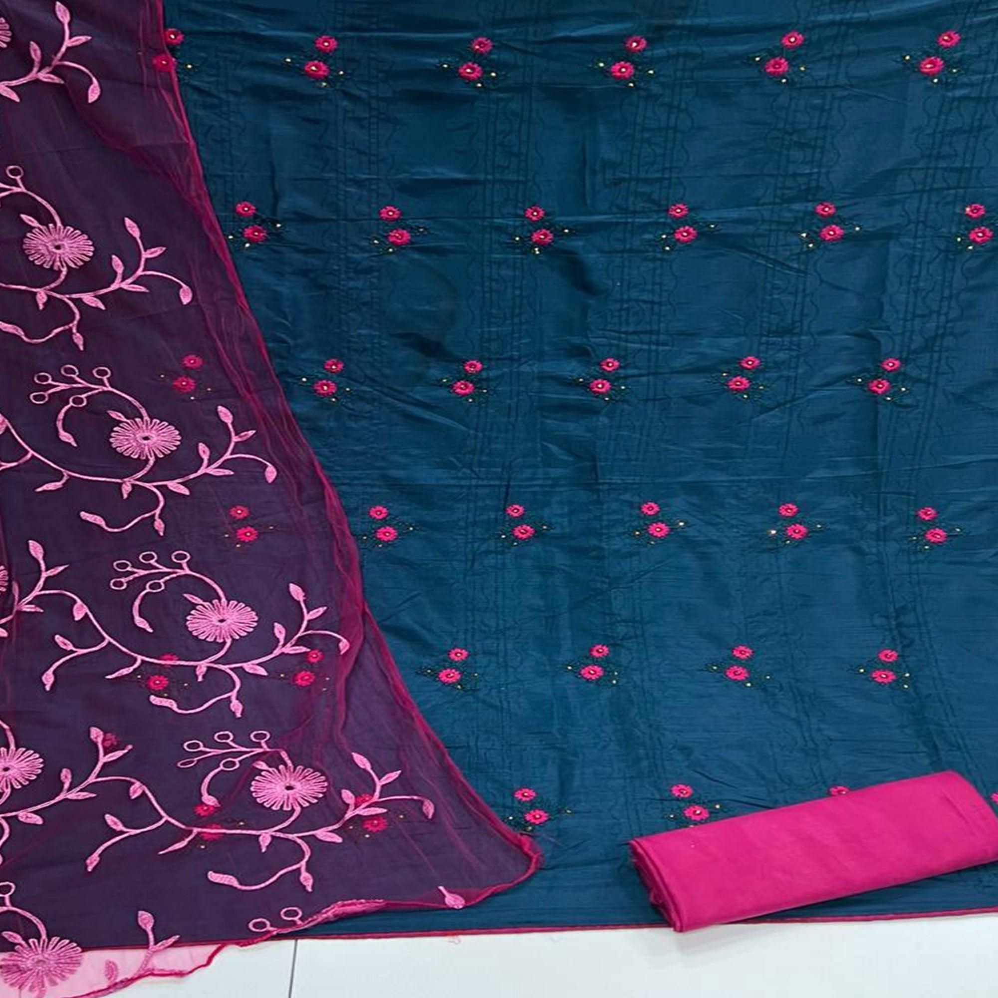Teal Blue Casual Wear Embroidered Silk Dress Material - Peachmode