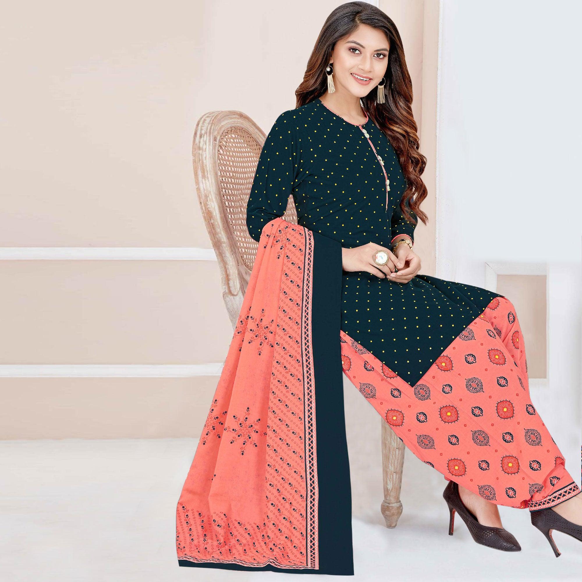 Teal Blue Casual Wear Printed Cotton Patiala Dress Material - Peachmode