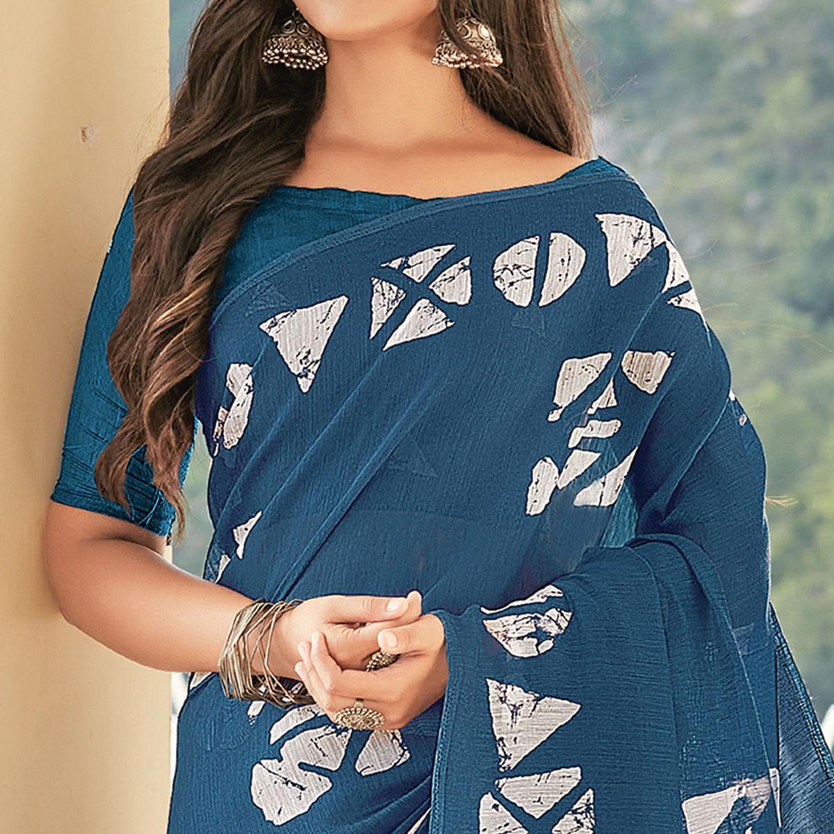 Teal Blue Casual Wear Printed Cotton Saree - Peachmode