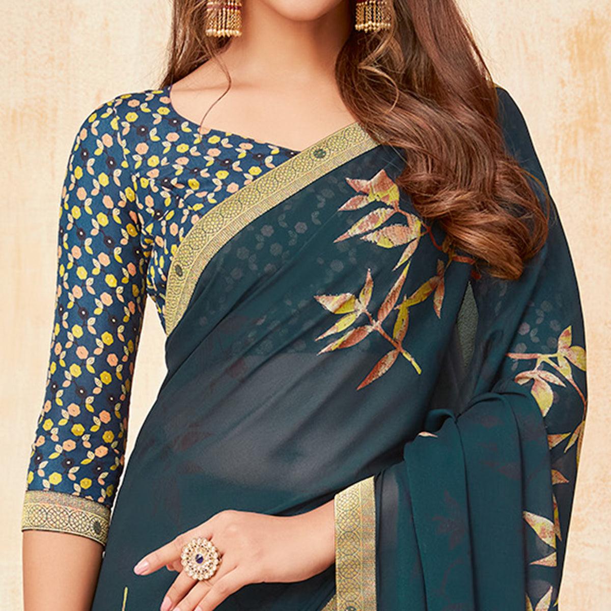 Teal Blue Casual Wear Printed Silk Georgette Saree - Peachmode