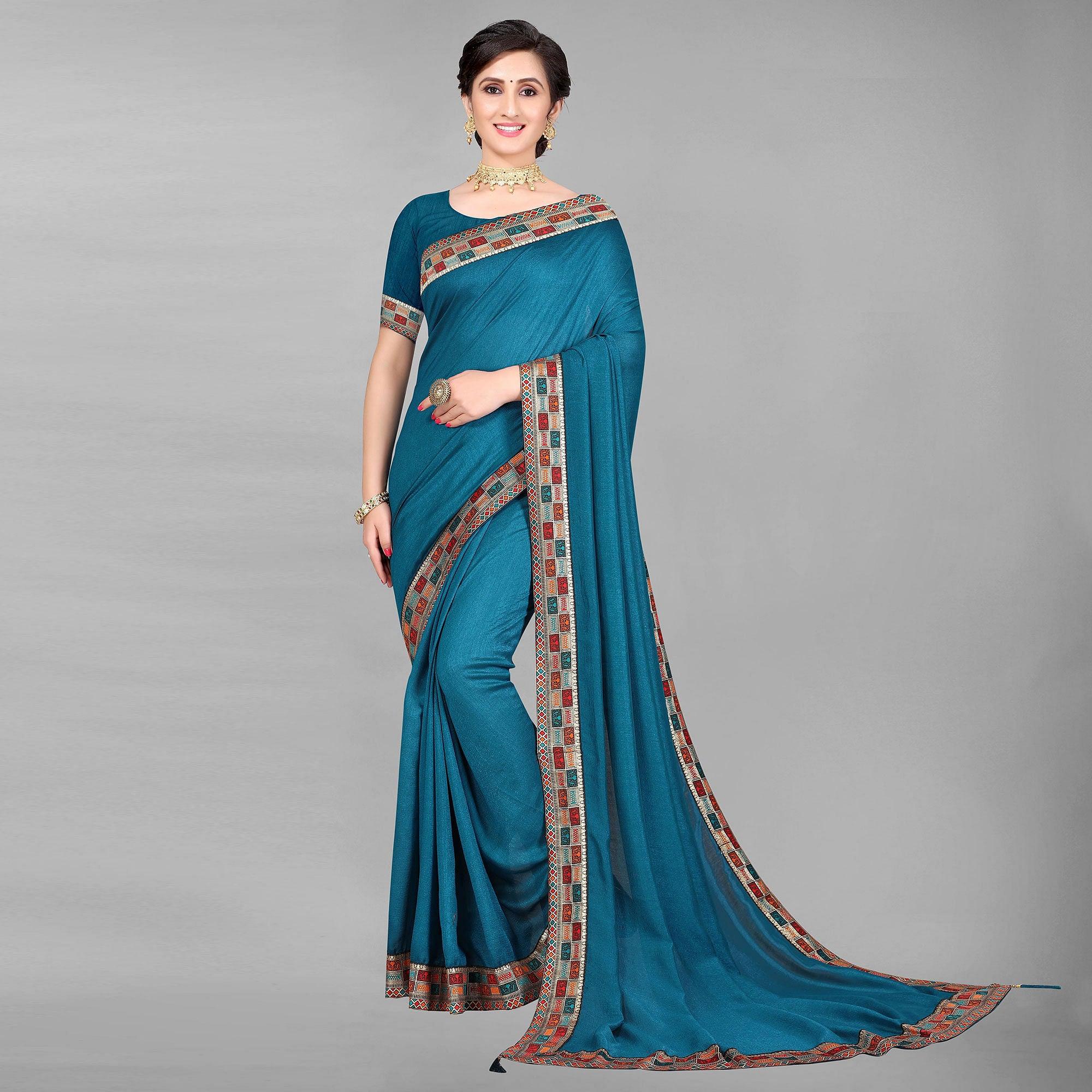 Teal Blue Casual Wear Solid Silk Saree - Peachmode