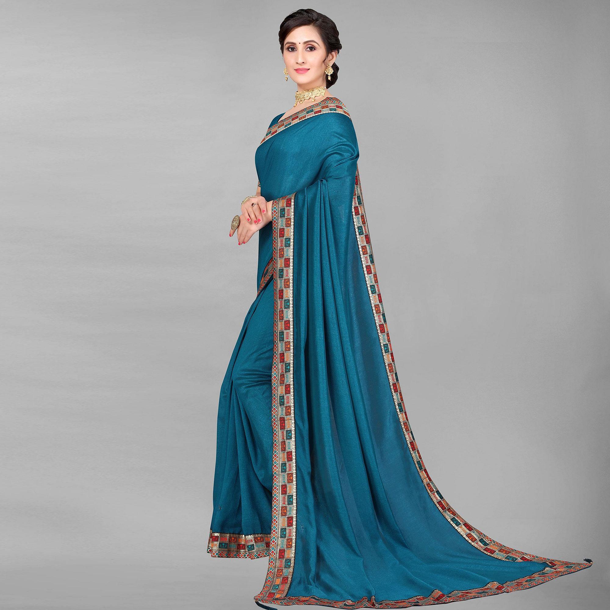 Teal Blue Casual Wear Solid Silk Saree - Peachmode